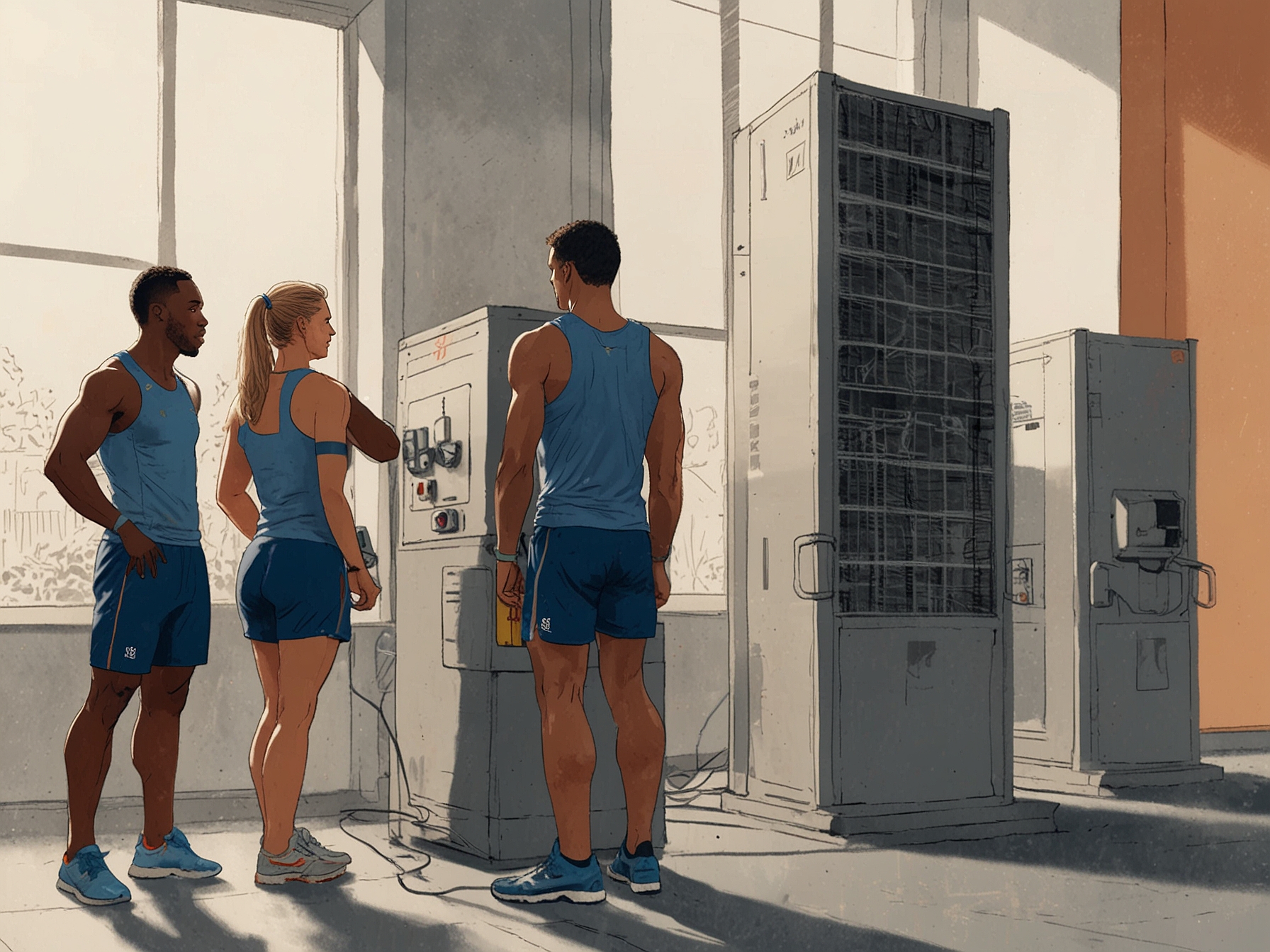 A group of US athletes preparing for the heat of the Paris 2024 Olympics, showcasing the implementation of air conditioning units and other heat management strategies to maintain peak performance and health.