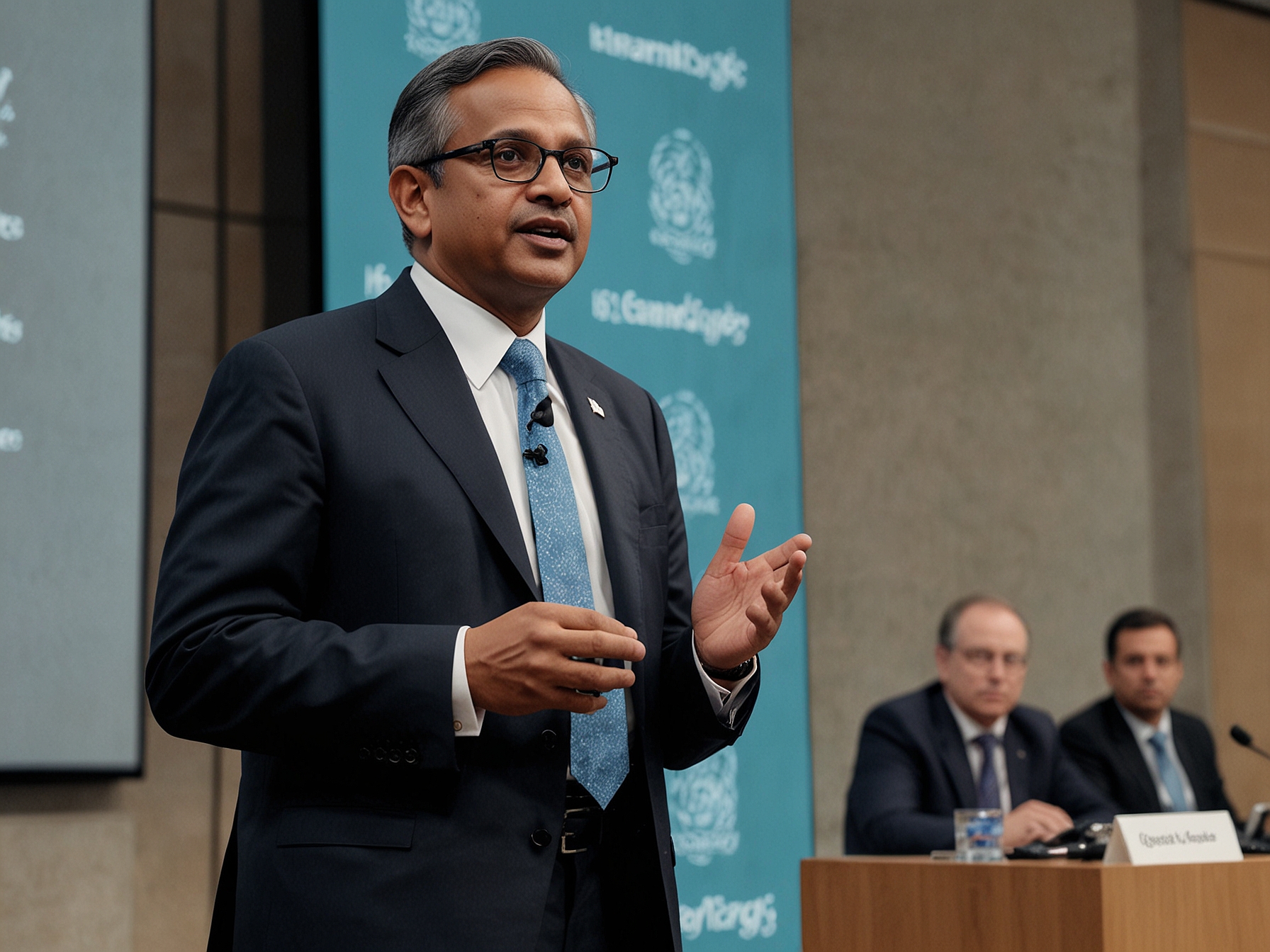 A photo of Barclays CEO C.S. Venkatakrishnan speaking at the Bloomberg Sustainable Finance Forum, emphasizing the complexities of transitioning from fossil fuels to renewable energy.