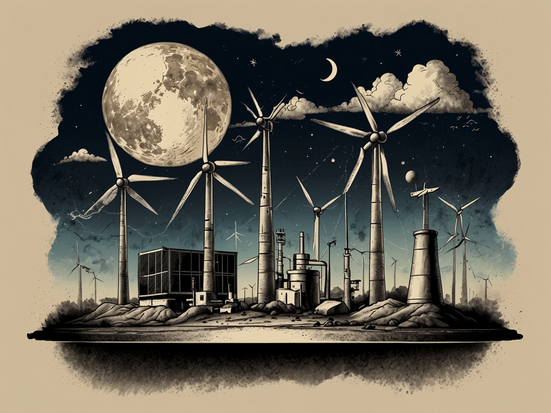 An illustration of the energy transition, showing a balanced scale with fossil fuels on one side and renewable energy sources like wind and solar on the other, representing the need for a gradual shift.