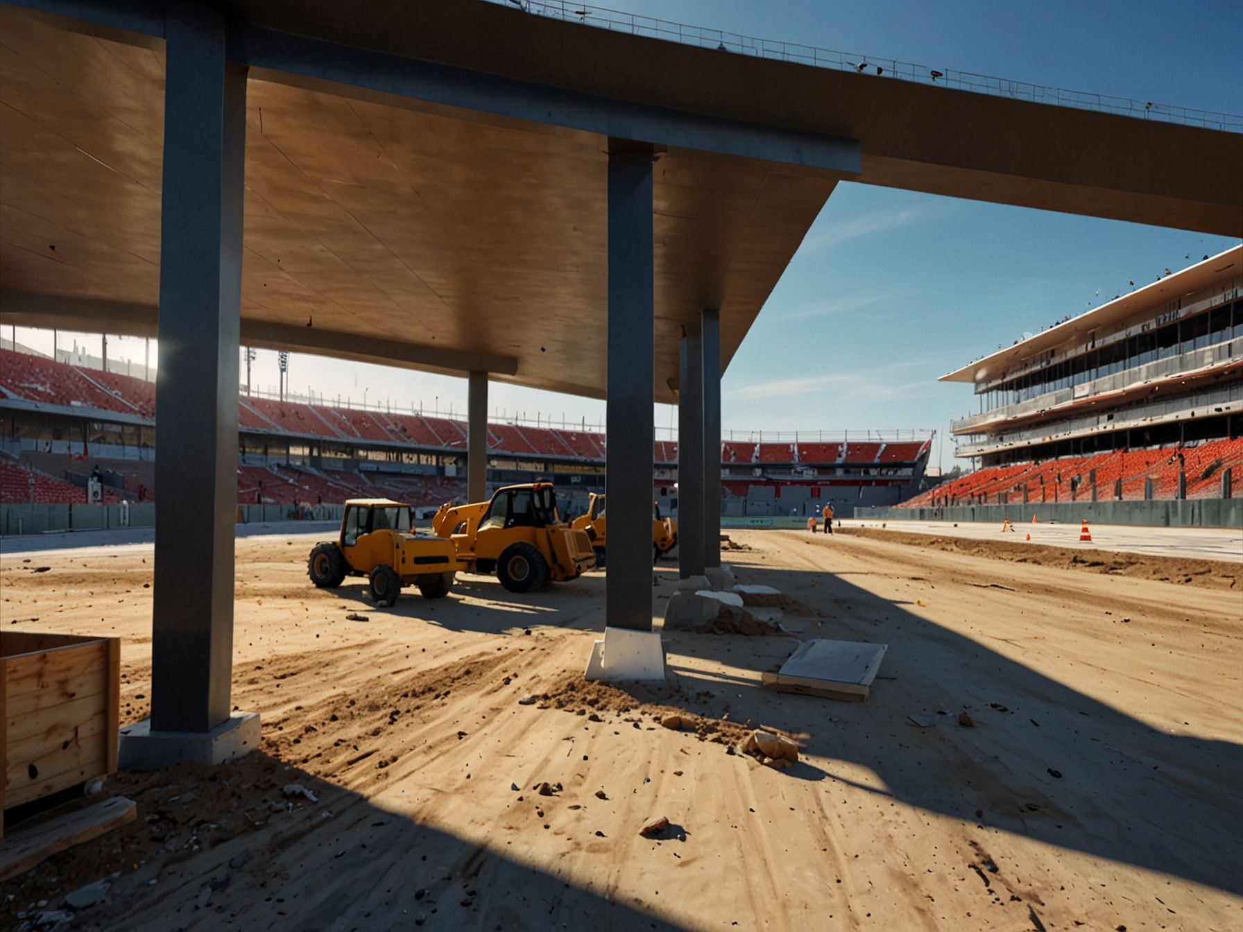 Paddock area and seating being renovated at the Circuit de Barcelona-Catalunya, with construction workers visible, highlighting ongoing efforts to modernize the facilities for better fan experience.