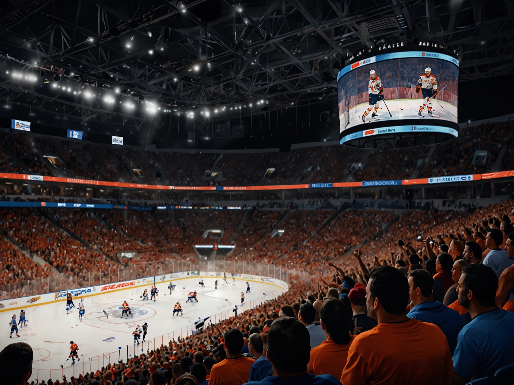 A packed arena with fervent fans shows the intense atmosphere of Game 7 of the 2024 Stanley Cup Final between the Florida Panthers and Edmonton Oilers, capturing the excitement of the decisive match.