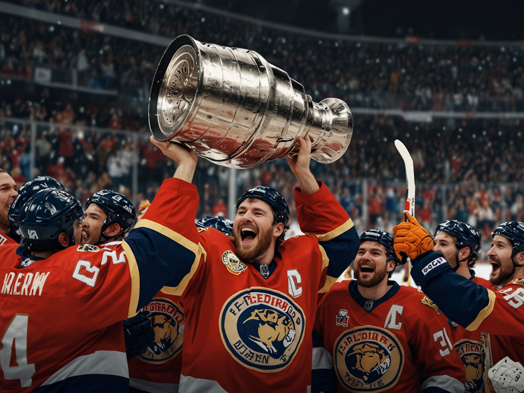 The Florida Panthers celebrate with the Stanley Cup on the ice after their historic victory over the Edmonton Oilers. The scene is filled with jubilation, team pride, and emotional triumph.
