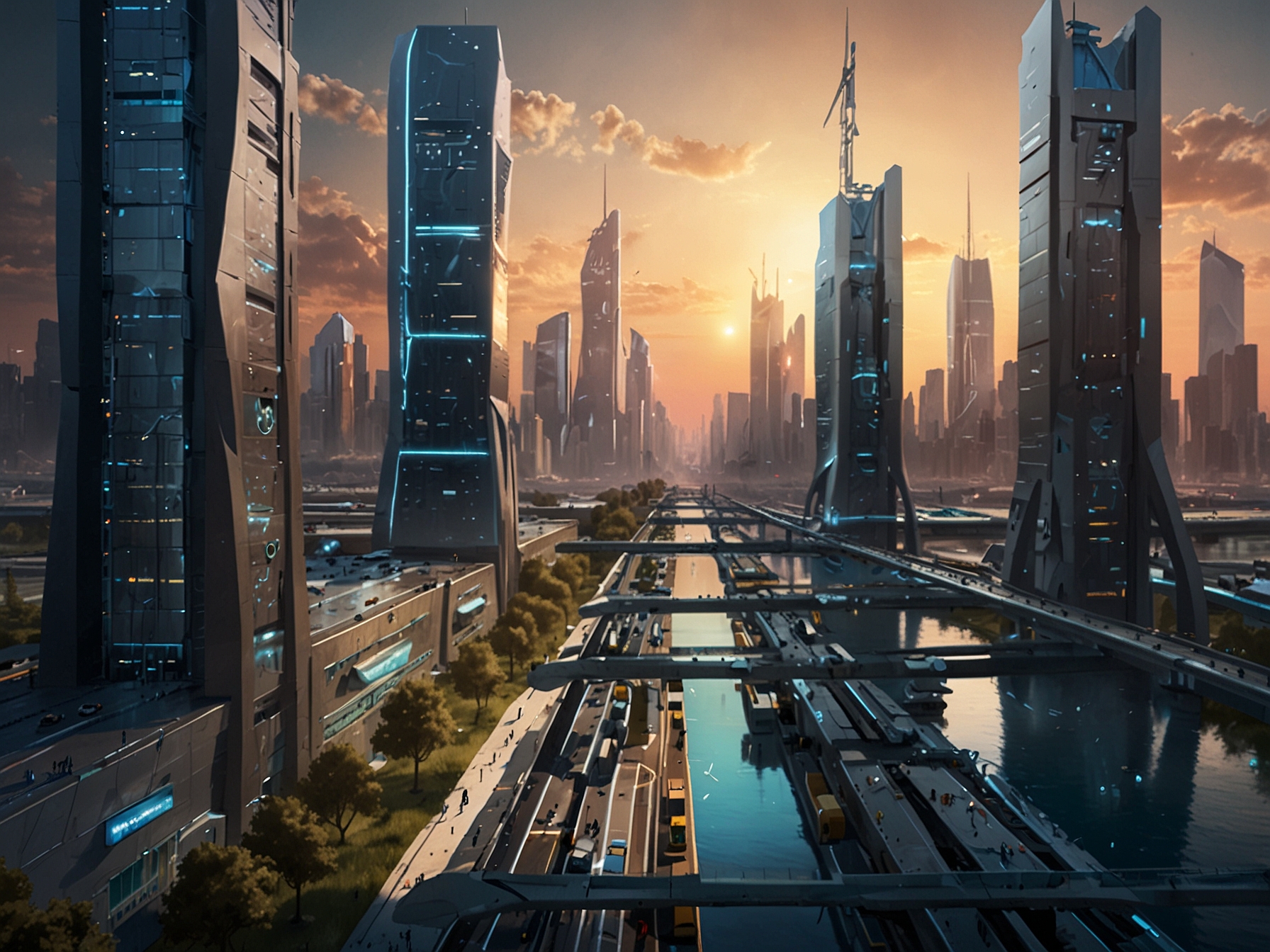 An illustration of a futuristic city with advanced hydrogen infrastructure, including refueling stations and supply chains, necessary for the wide adoption of hydrogen energy.