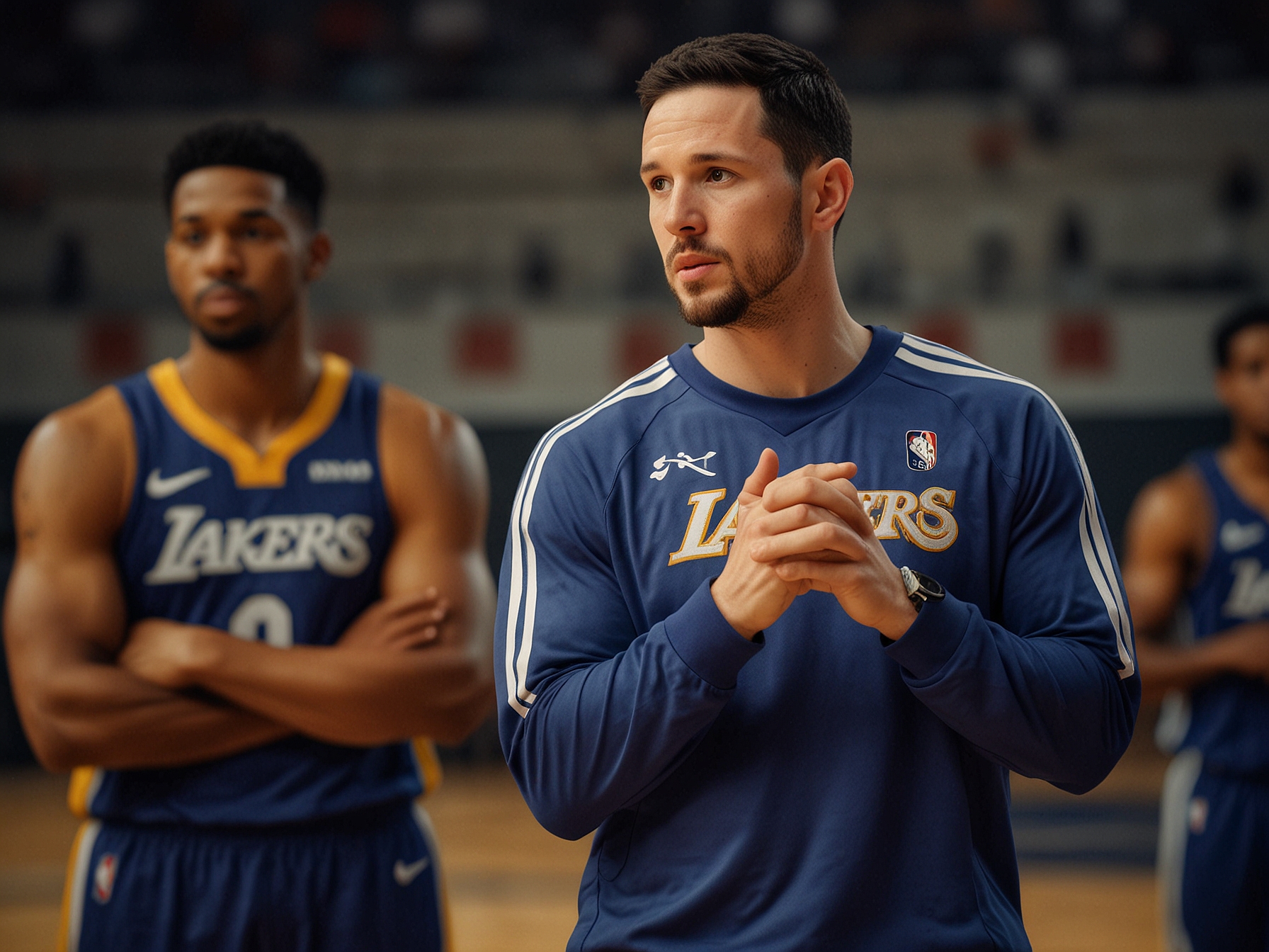 JJ Redick, standing on the sidelines in a Lakers tracksuit, passionately coaching players during his first practice session with the team. His focus and determination are evident.