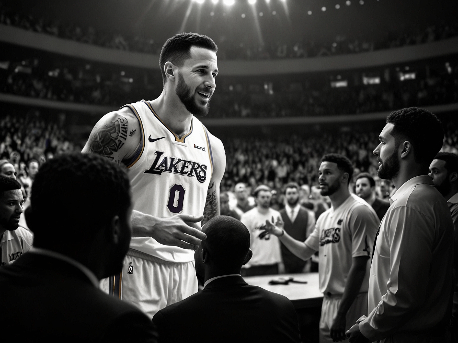 Darvin Ham giving a farewell speech in front of Lakers players and staff, as JJ Redick shakes hands with team executives in the background, symbolizing transition and new beginnings.