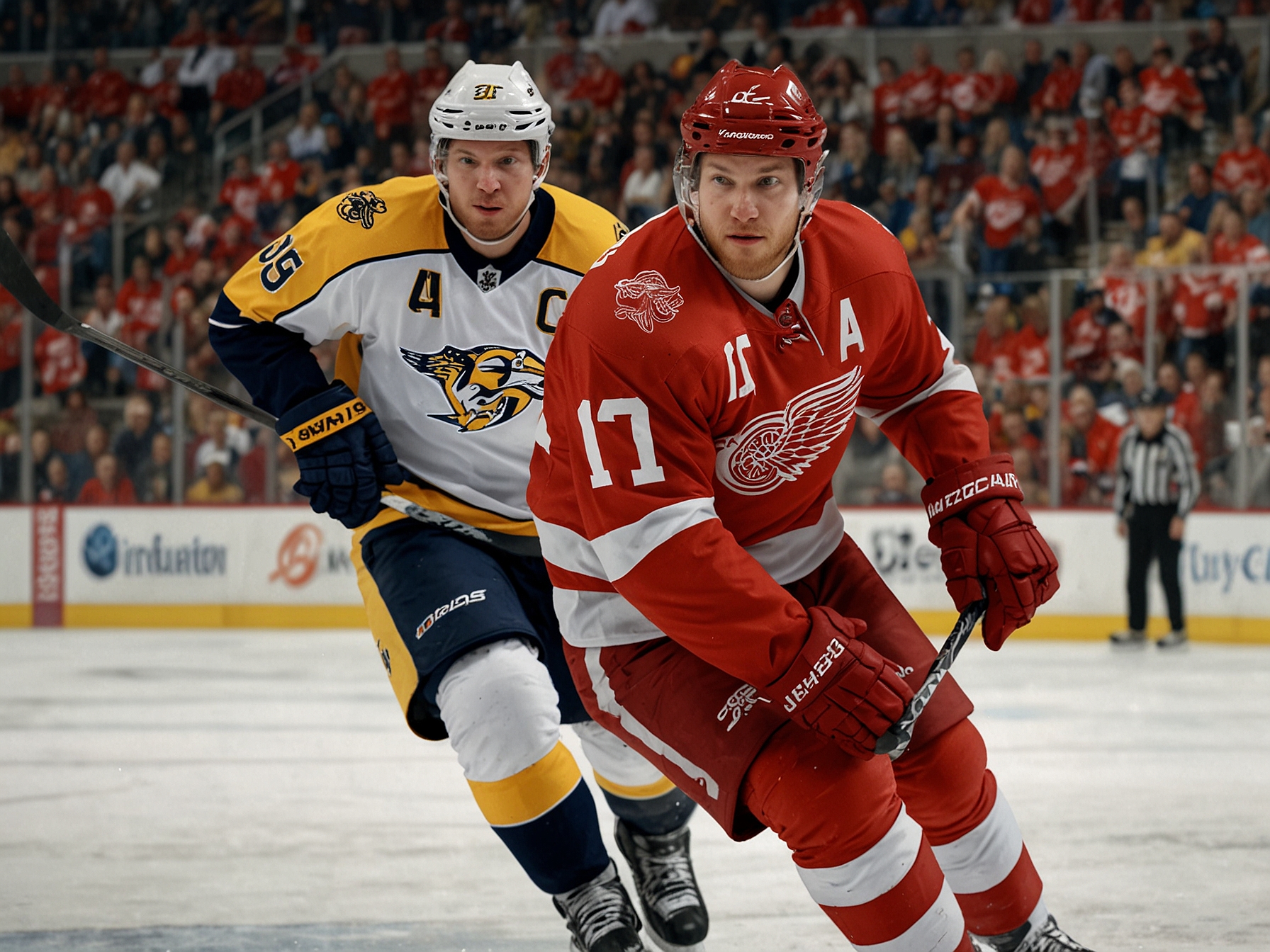 A dynamic action shot of the players involved in the trade—forward Jesse Kiiskinen in Red Wings gear and defenseman Andrew Gibson in Predators jersey, representing their new teams.