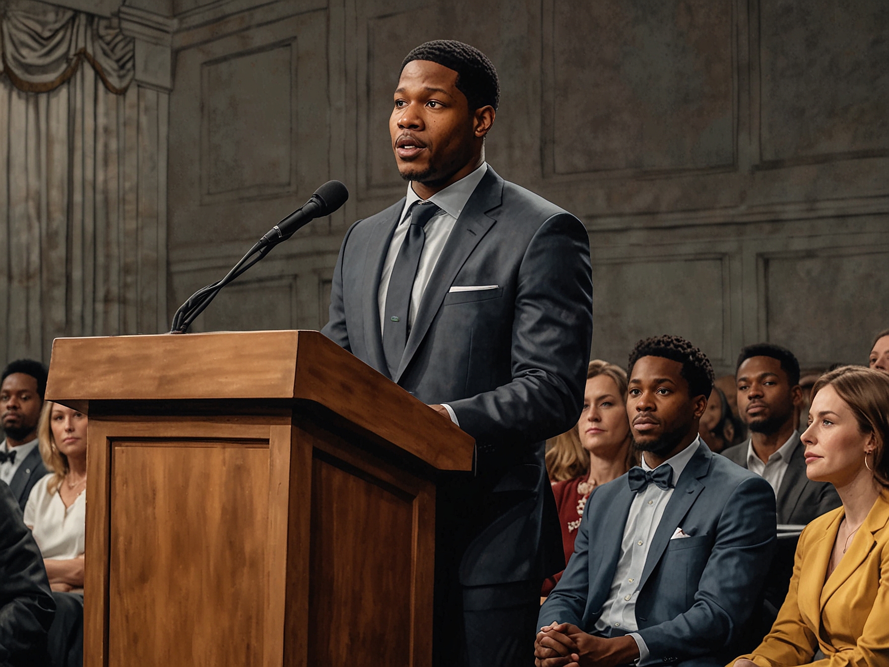 Jonathan Majors stands at the podium during the 2024 Impact Awards, eyes filled with tears, as he delivers a heartfelt speech about his journey of resilience and redemption.
