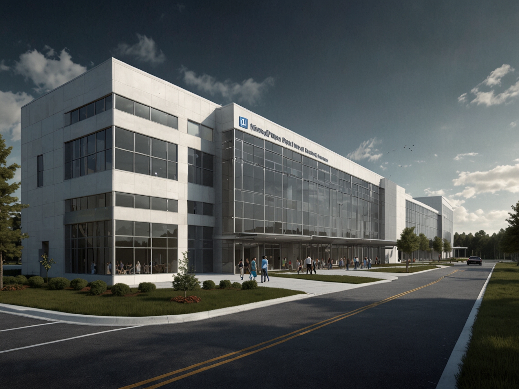 An architectural rendering of Novo Nordisk's planned manufacturing facility in Clayton, North Carolina, highlighting its state-of-the-art design and expansive production areas.