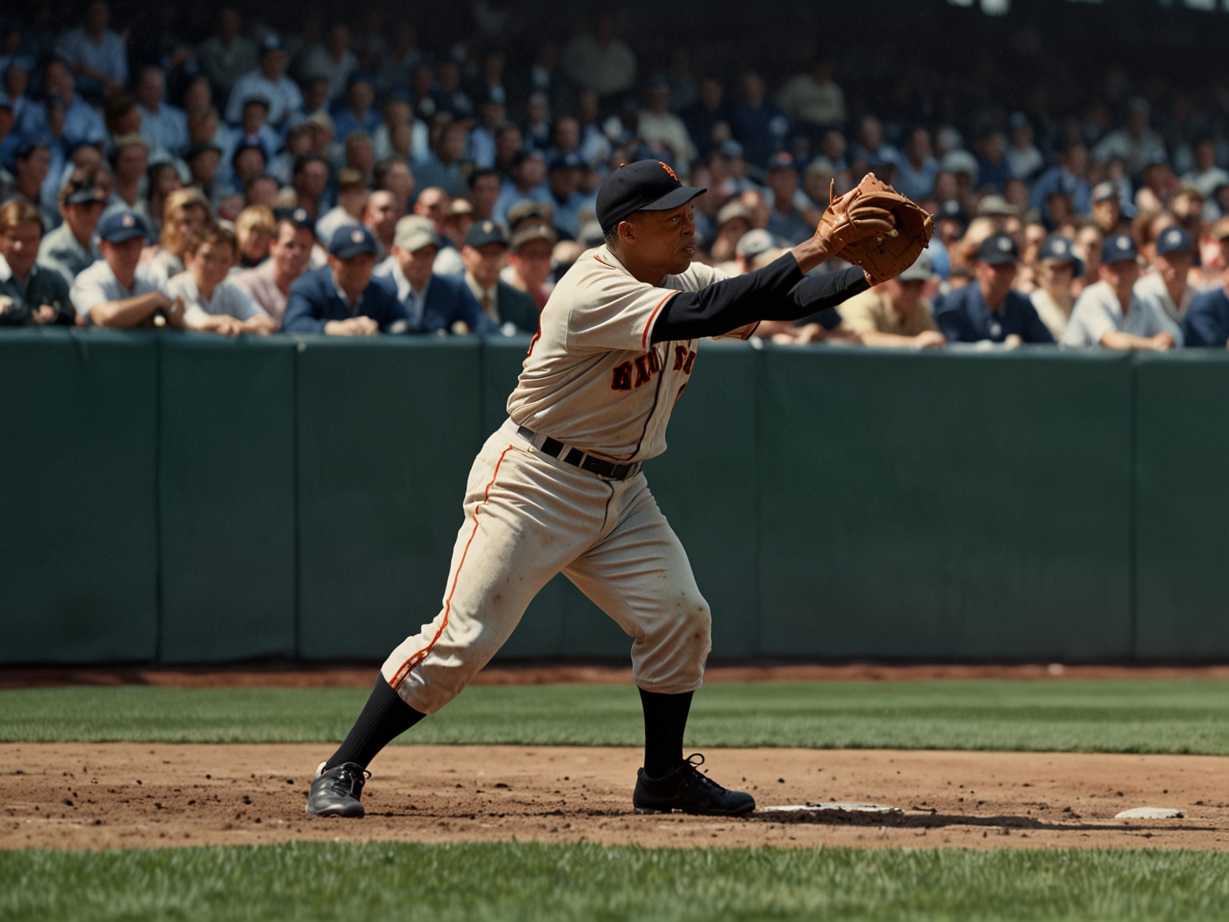 Willie Mays making his iconic over-the-shoulder catch in the 1954 World Series, showcasing his exceptional fielding skills and athleticism, forever etched in baseball history.
