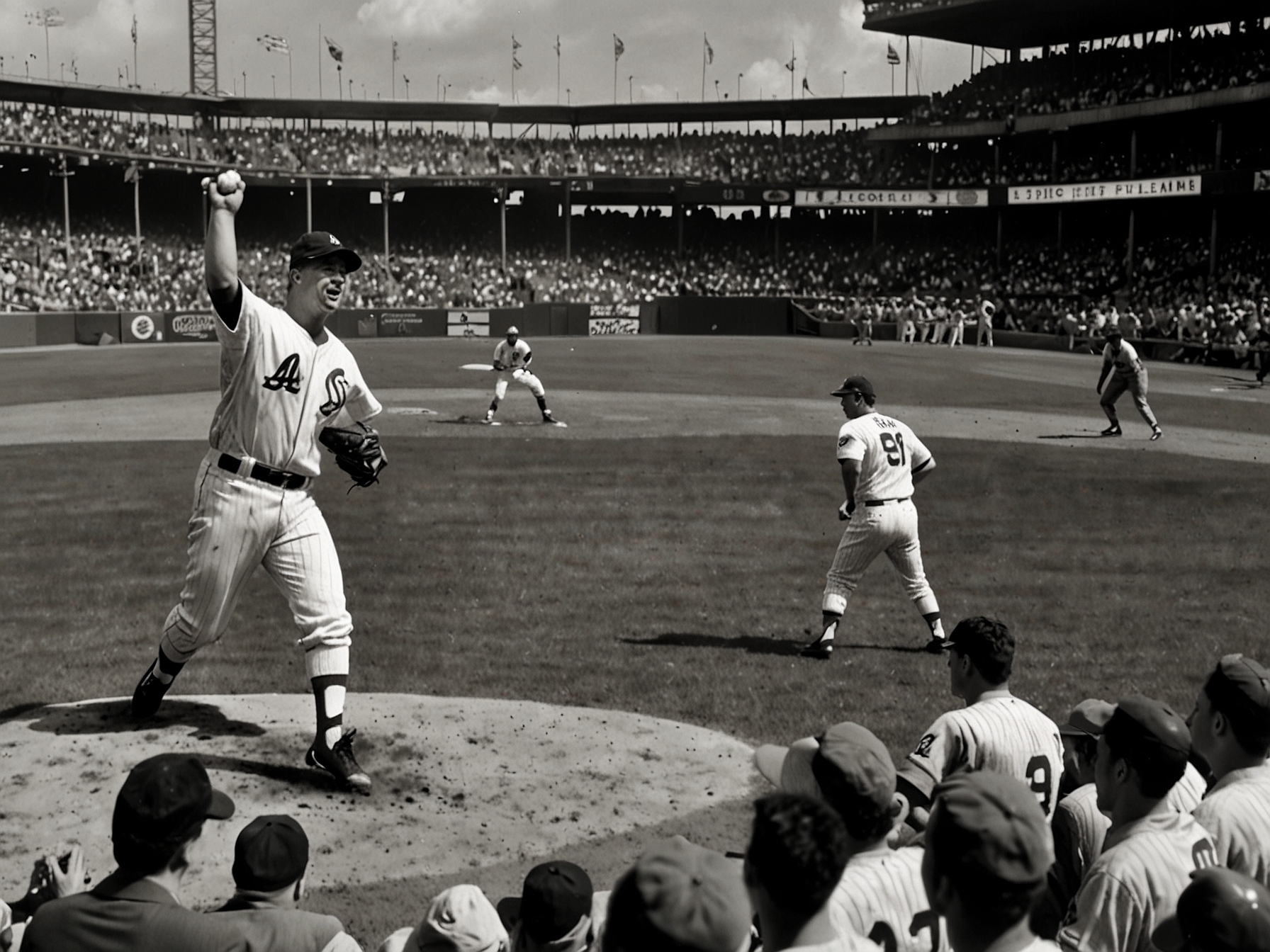 A dramatic shot of Jim Bunning on the mound at Shea Stadium, captured at the moment he throws the final pitch for his perfect game, with fans and teammates in the background.
