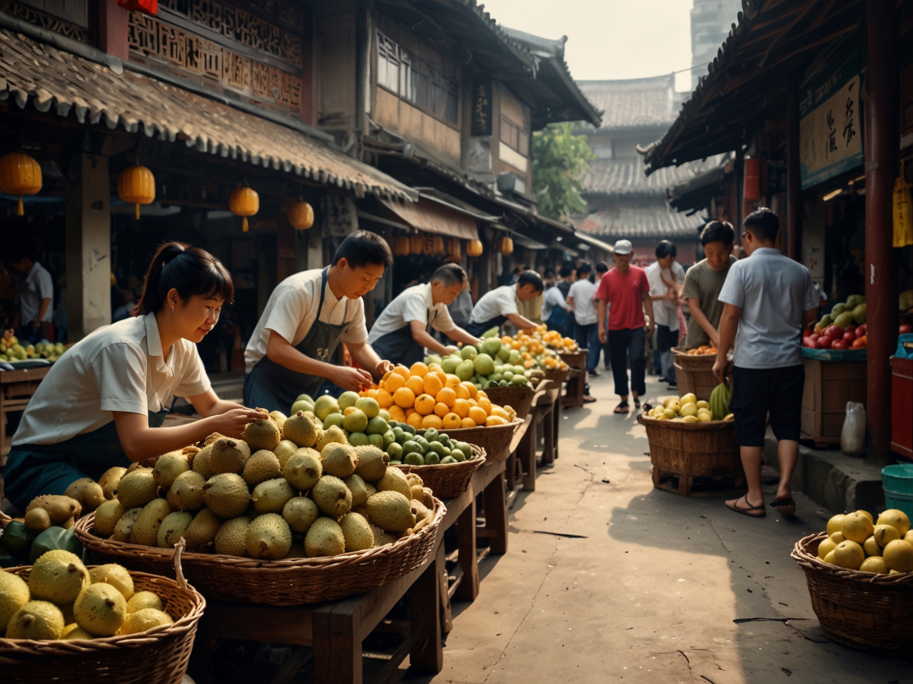 A bustling Chinese market with vendors selling durians, highlighting the fruit's spiky exterior. Shoppers, intrigued by its reputation and luxury status, browse and purchase the fruit.