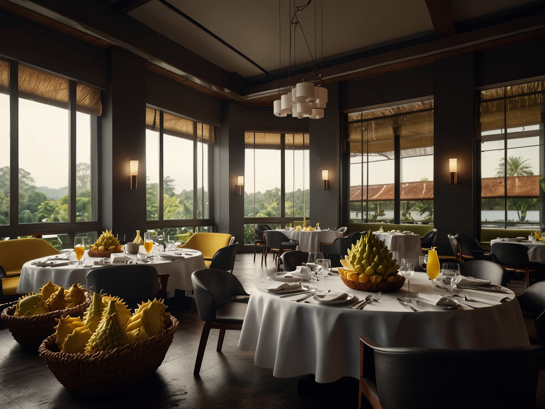 A luxurious dining setting featuring gourmet durian dishes. A chef presents durian-based desserts, symbolizing the fruit's transformation from a smelly oddity to a sought-after delicacy.