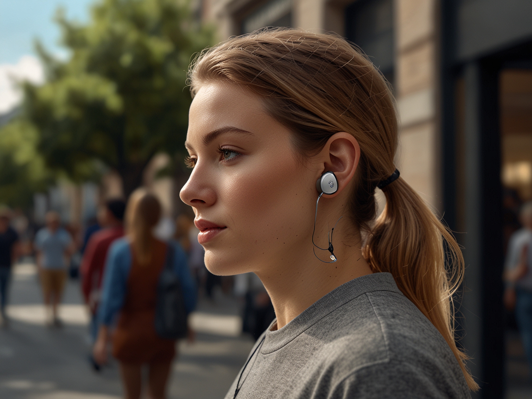 A user demonstrates the active noise cancellation feature of the Sennheiser Accentum True Wireless earbuds, effectively minimizing ambient noise in a bustling street, providing an immersive listening experience.