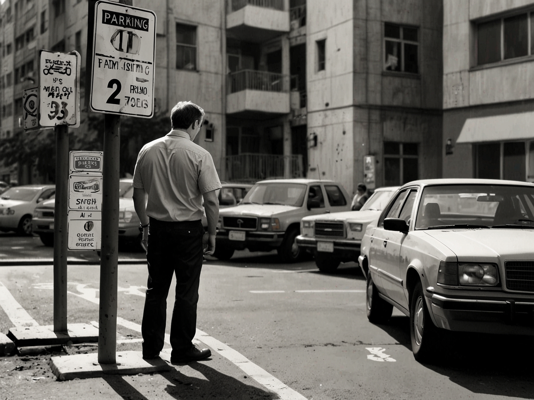 A frustrated driver stands by confusing parking signs, representing the conflicting and unclear parking regulations in urban areas.