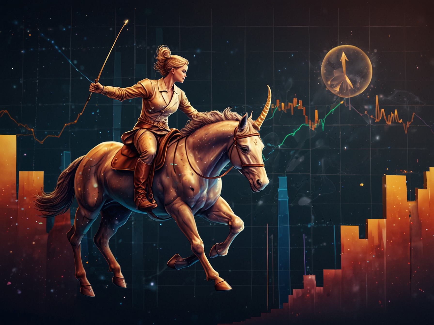 A Sagittarius symbol with upward trending financial charts, illustrating the focus on financial stability and career advancement for June 22, 2024.