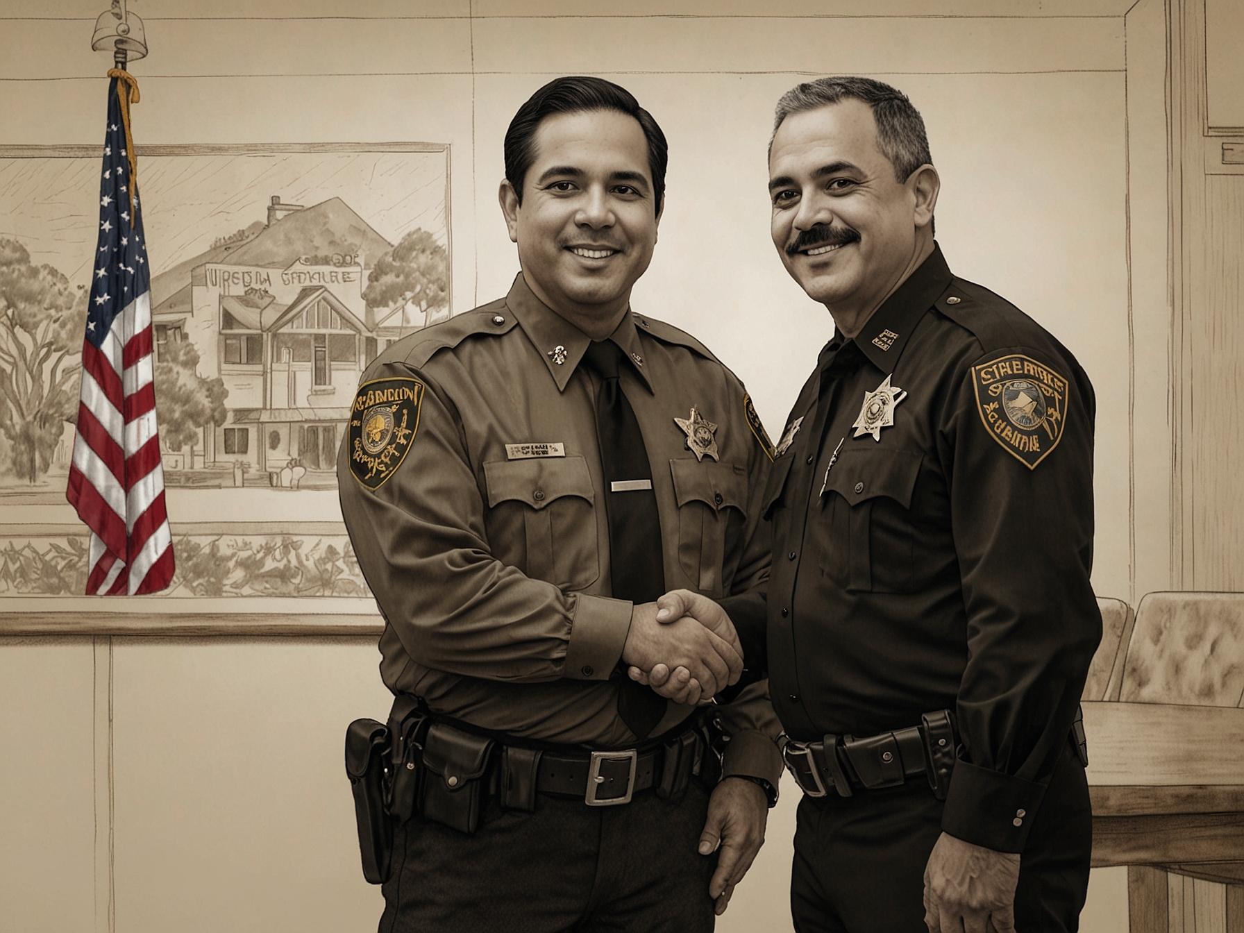 Dan Perea stands formally dressed in uniform, shaking hands with Sheriff Carlos Bolanos, symbolizing the leadership transition within the San Mateo County Sheriff’s Office.