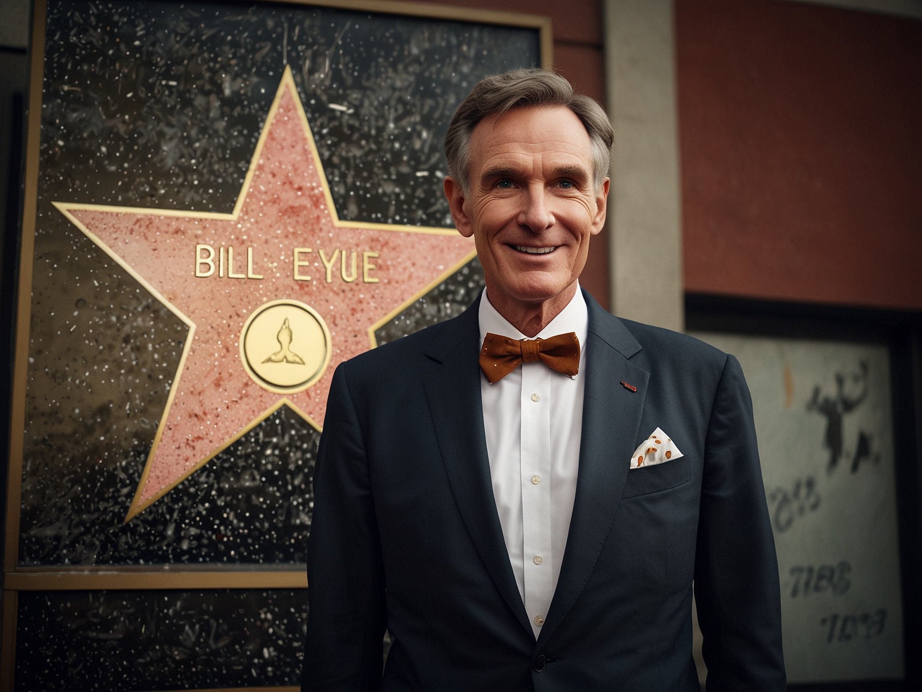 Bill Nye stands proudly next to his newly unveiled star on the Hollywood Walk of Fame, smiling and waving to fans, symbolizing his significant contributions to science and education.