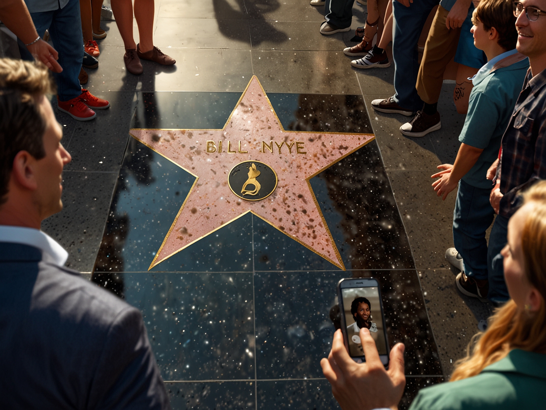 A close-up of Bill Nye's Hollywood Walk of Fame star, surrounded by a crowd of admirers and flashing cameras, highlighting the public's appreciation for his impact on popular science.