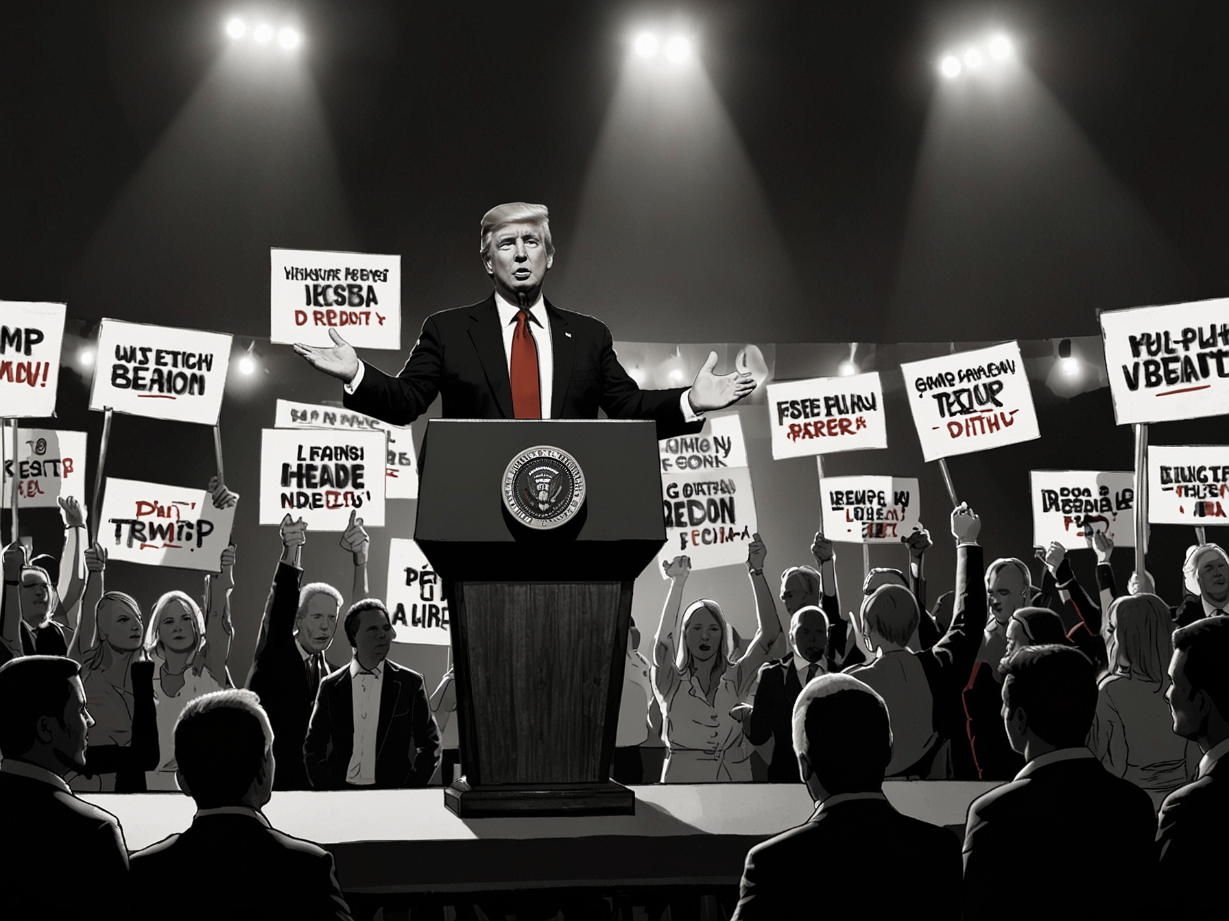 Illustration of President Trump's campaign rallying supporters with signs demanding drug tests for Joe Biden, set against a backdrop featuring the debate stage.