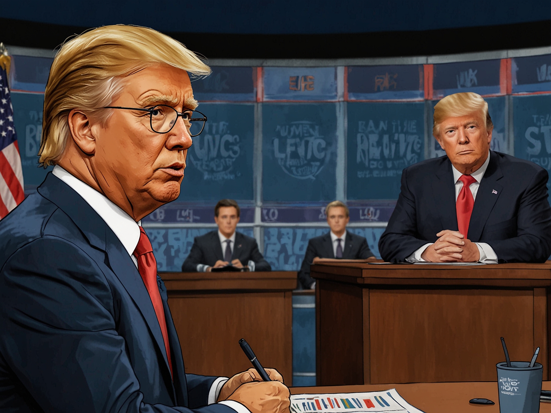 Image showing NBC's Lester Holt as the debate moderator, with Trump's claims of media bias depicted through a split screen showing supportive and critical news headlines.