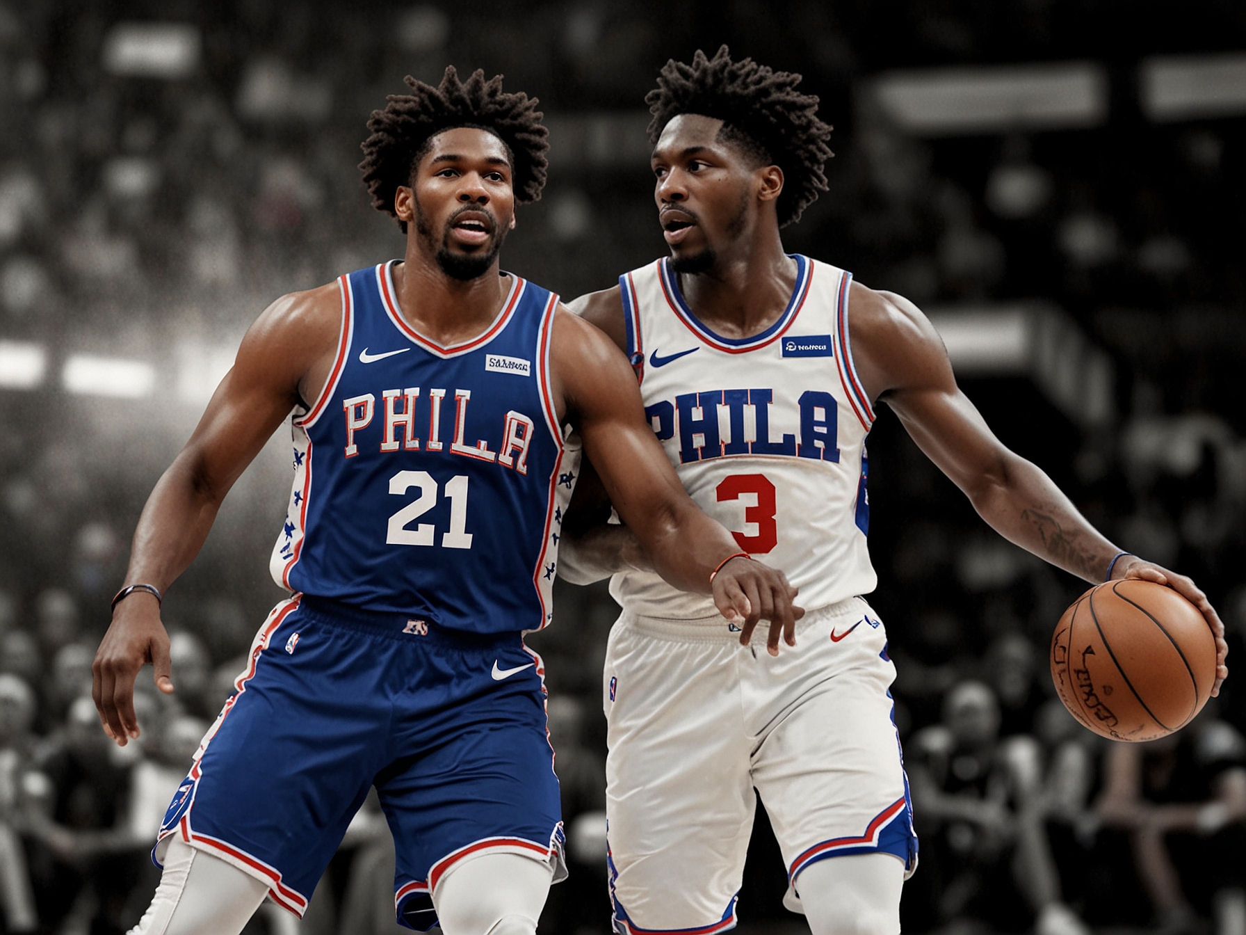 An image showing Joel Embiid and Tyrese Maxey in action on the court, demonstrating their synergy and dynamic performance for the Philadelphia 76ers.