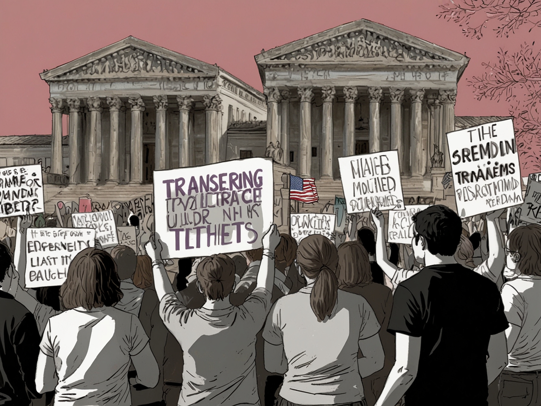 Protesters with signs advocating for transgender youth rights emphasize the contentious national debate as the Supreme Court prepares to rule on crucial healthcare access issues.