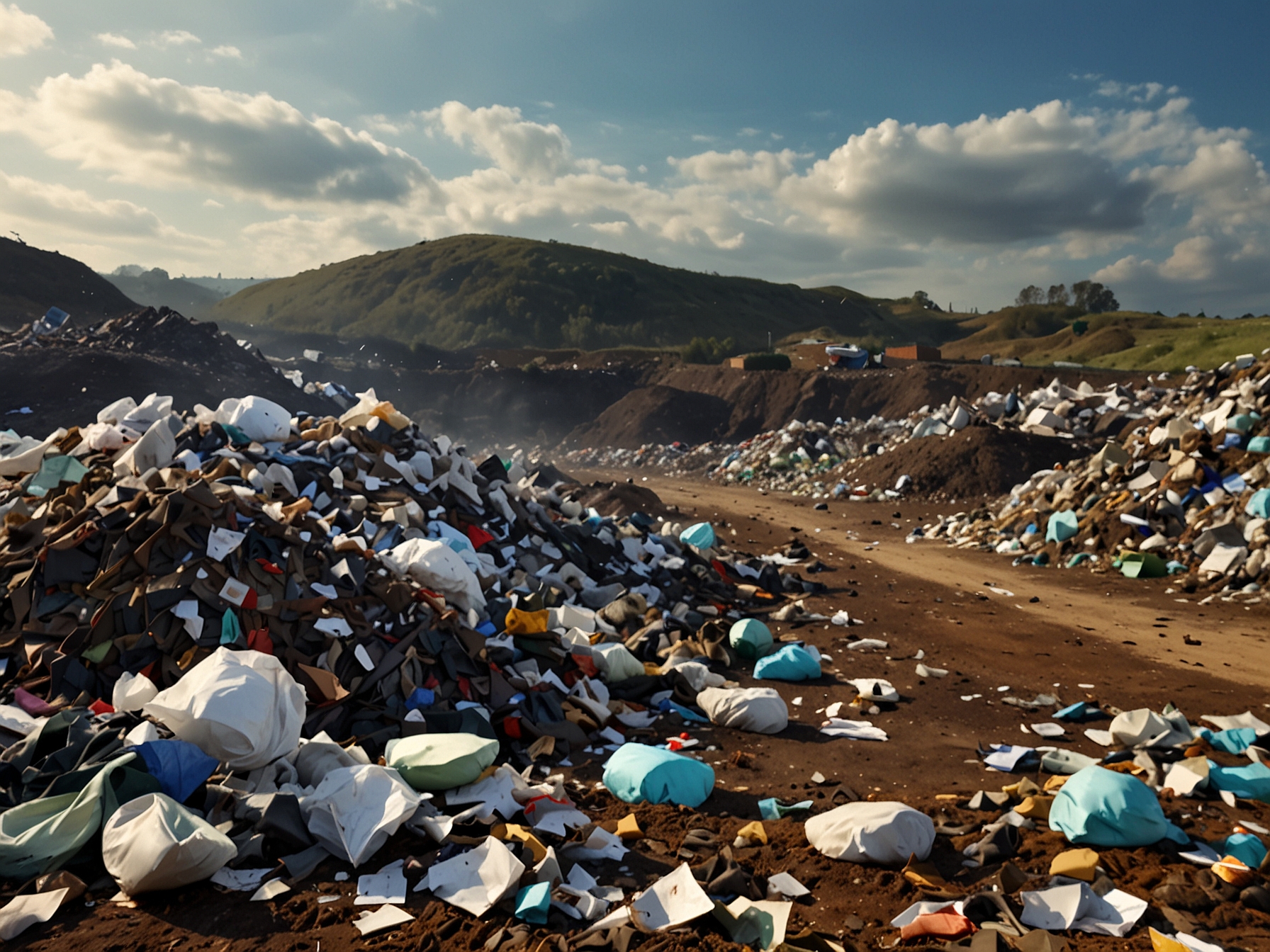 An overflowing landfill site with piles of discarded PPE, highlighting the environmental concerns and massive waste from the destruction of £1.4 billion worth of equipment.