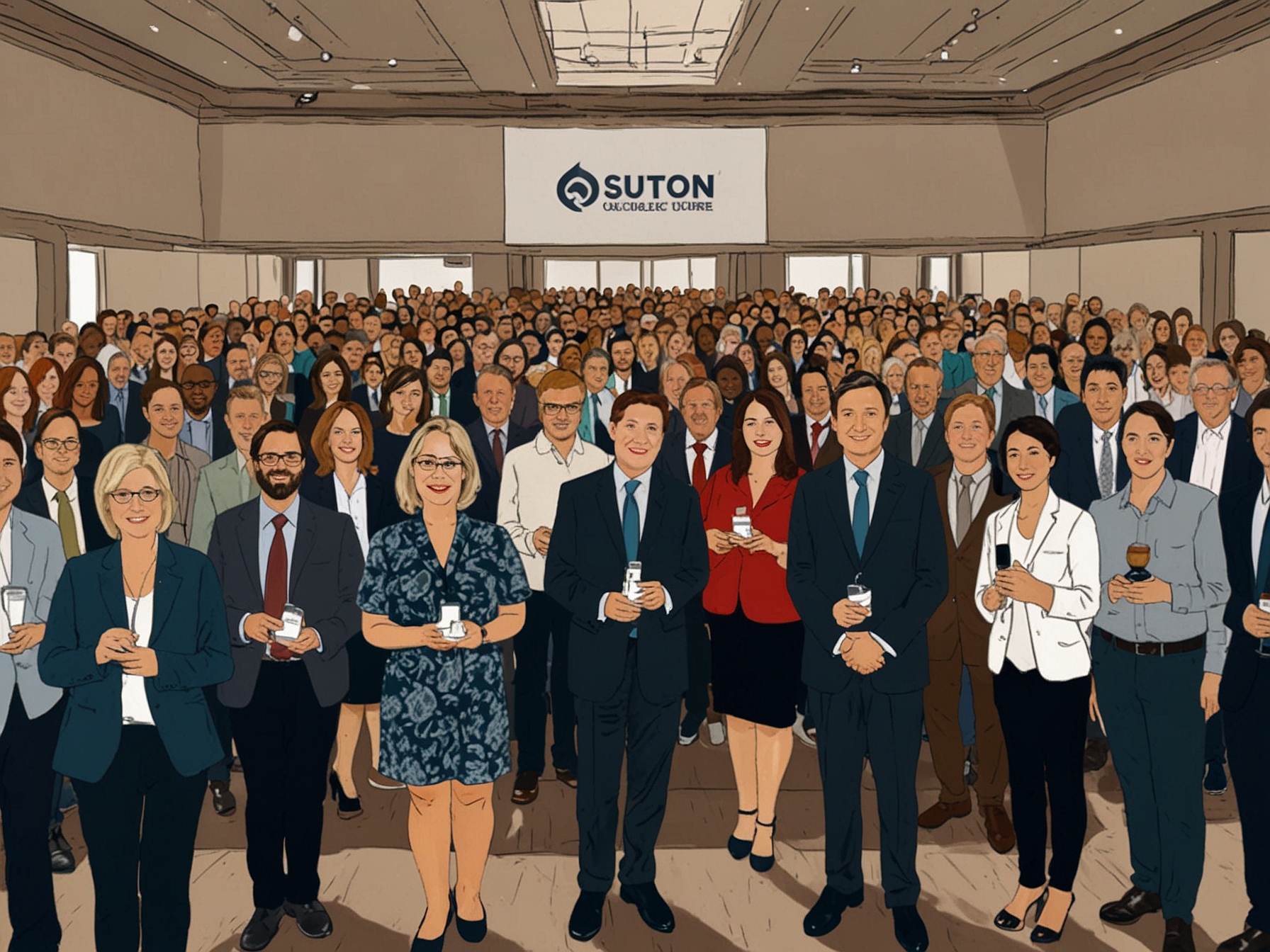 Attendees at the Sutton Québec 'Invested for the Future' event celebrate the company's new brand image, highlighted by a modernized logo and a revamped website designed to enhance user experience and accessibility.