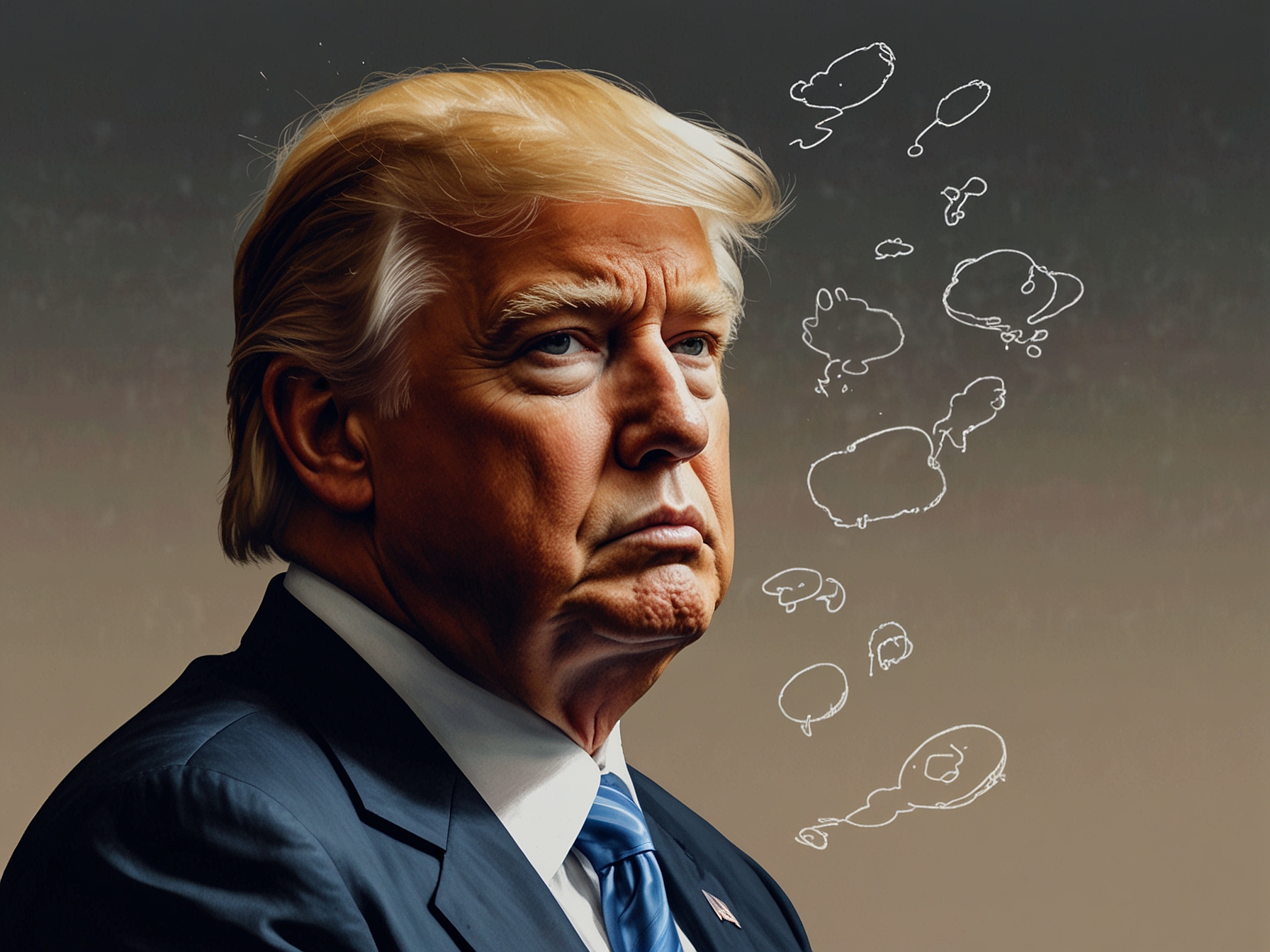 Illustration of Trump in a political setting, visibly confused, with thought bubbles depicting memory lapses and off-topic thoughts. This highlights concerns about his cognitive abilities.