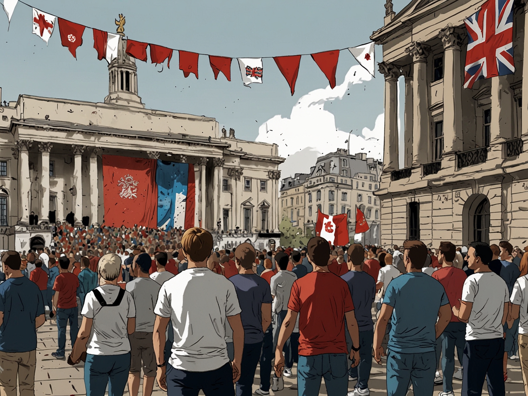 England fans packed Trafalgar Square wearing national jerseys and waving flags, watching the Euro 2024 match on large screens, with street vendors and performers adding to the festive atmosphere.