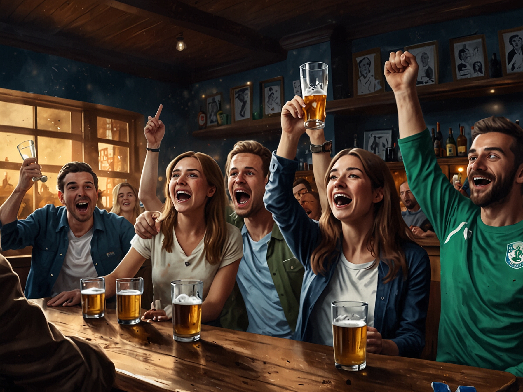 A group of friends and families celebrating and cheering in a London pub, capturing the intense emotions and unity among fans during the Euro 2024 match against Slovenia.