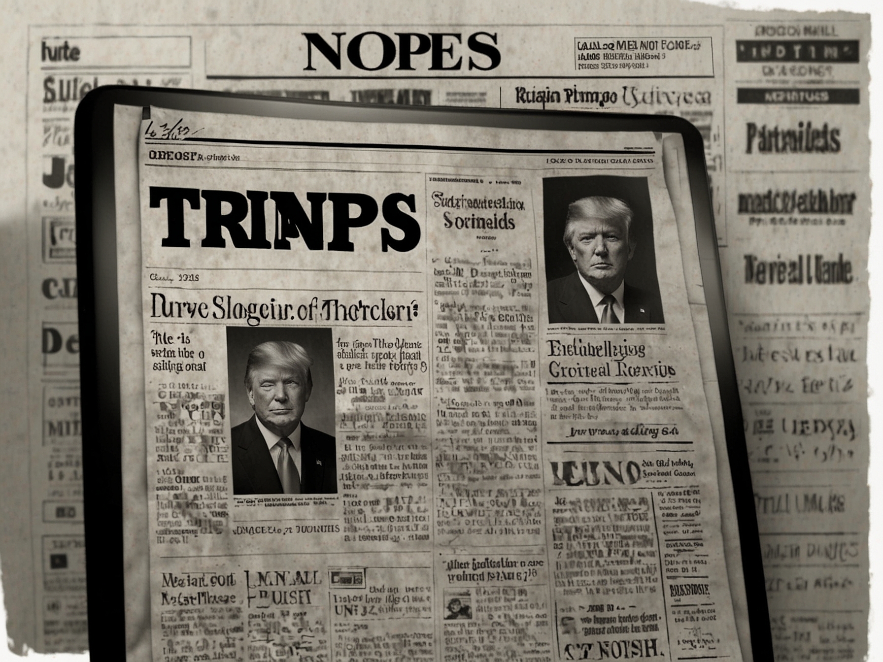 An illustration depicting a computer screen showing the Snopes website alongside a newspaper headline about Trump, emphasizing the media scrutiny he faced during his presidency.