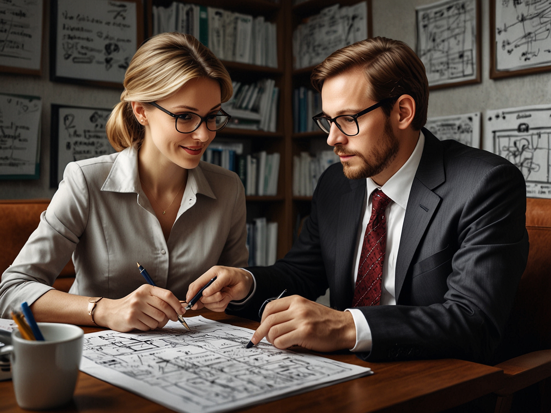 A tax consultant discussing tax brackets and deductions with a client, emphasizing the benefits of professional help in navigating complex tax situations.
