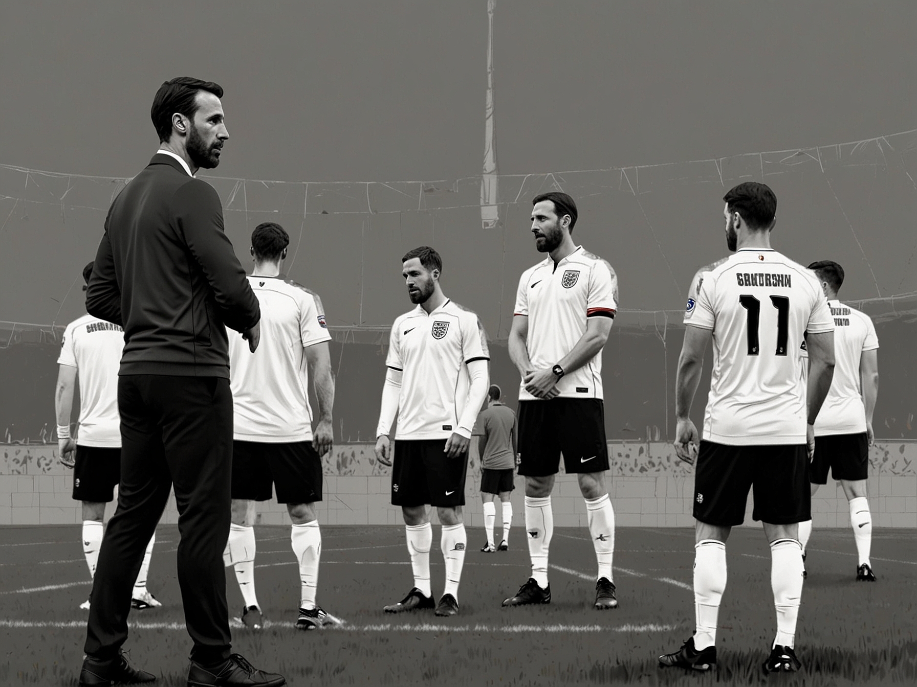 An intense moment during an England training session, as Gareth Southgate demonstrates tactics to his players. The image captures the focus and determination ahead of Euro 2024.
