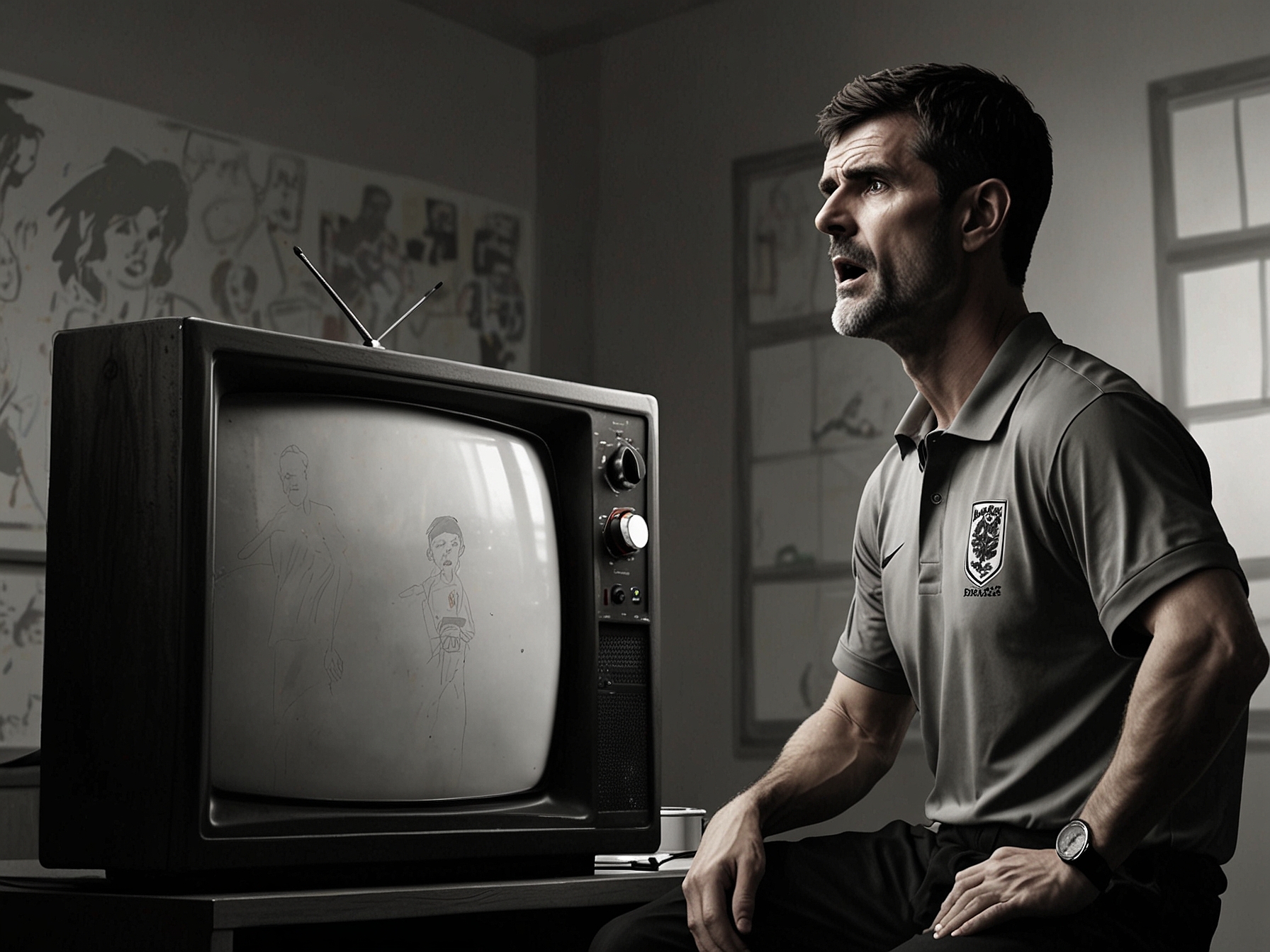 Roy Keane passionately critiques on television, emphasizing his points about England's need for more courage and bravery in their gameplay. His expression underscores the gravity of his concerns.