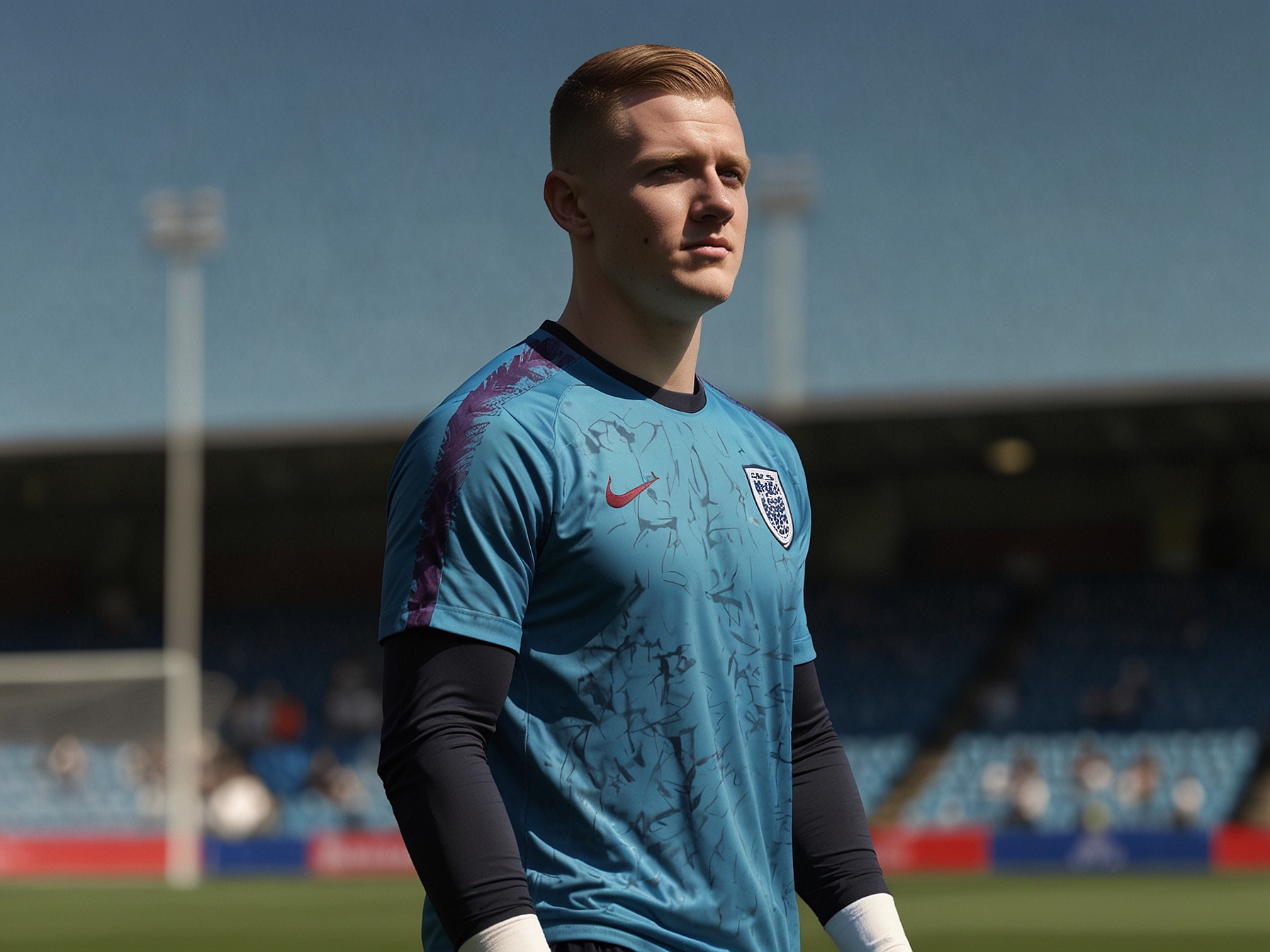 Jordan Pickford seen clutching his shoulder during an England training session, sparking concerns about his participation in the upcoming Euro 2024 qualifiers.