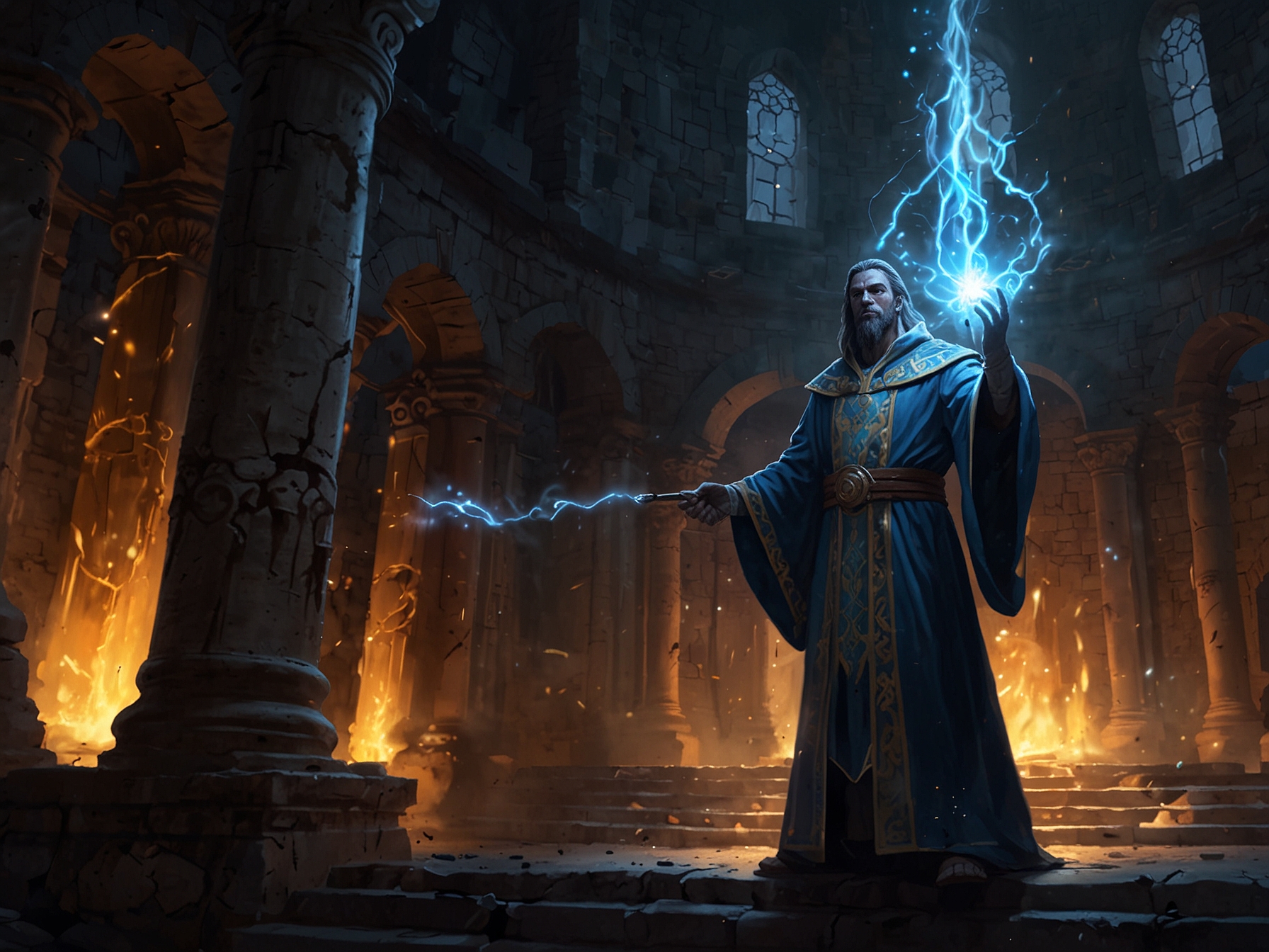 Illustration depicting a mage casting 'Luminous Arcana' within the Ruins of Ancestral Light, showcasing the radiant energy arc damaging multiple enemies.