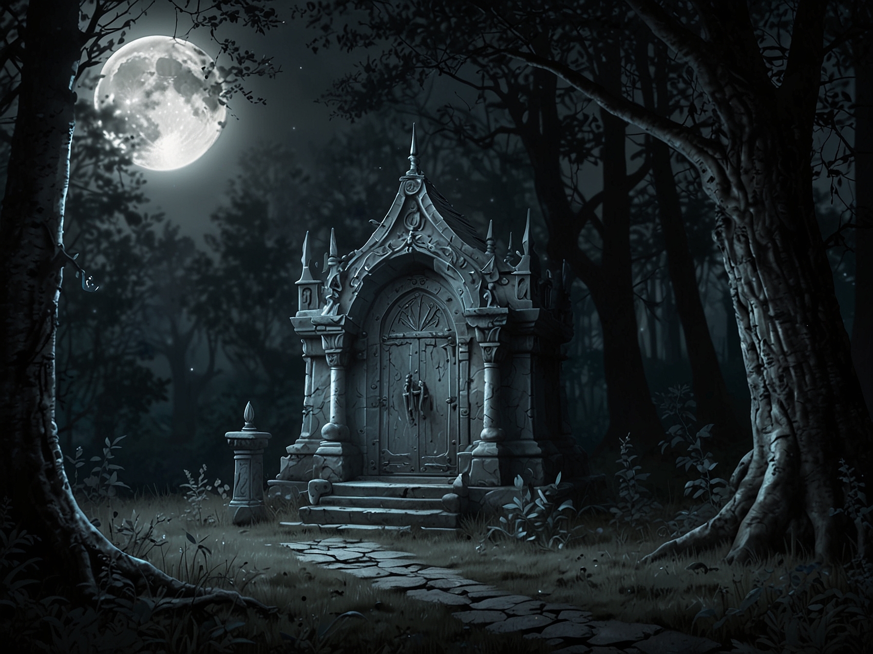 Image of the enchanted Moonlit Shrine in the Enchanted Forest, where the 'Moonlit Restoration' spell can be found, guarded by mystical moon spirits.