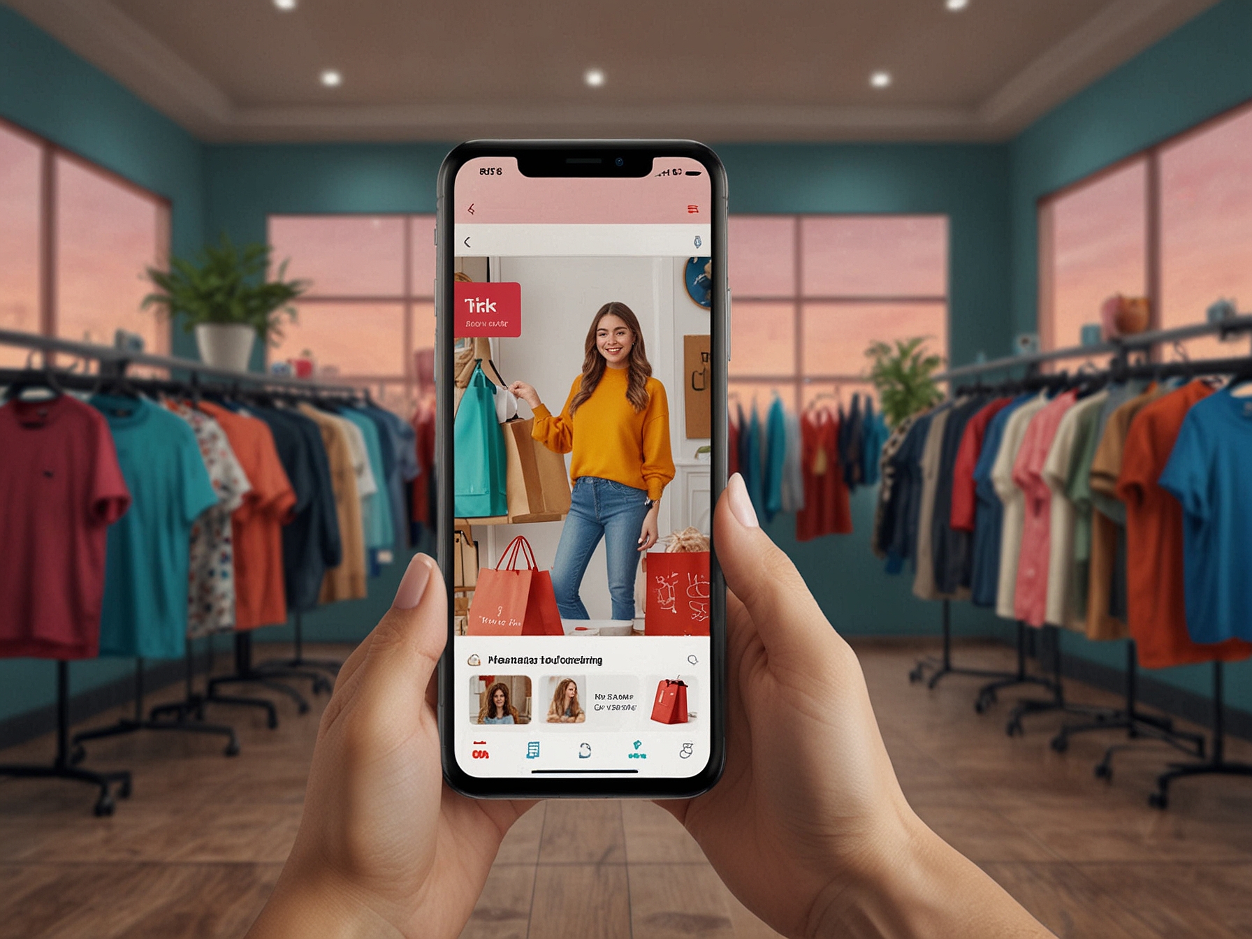 A vibrant TikTok interface showcasing a creator hosting a live shopping event, engaging with viewers, and promoting products. This illustrates TikTok's unique and seamless shopping experience.