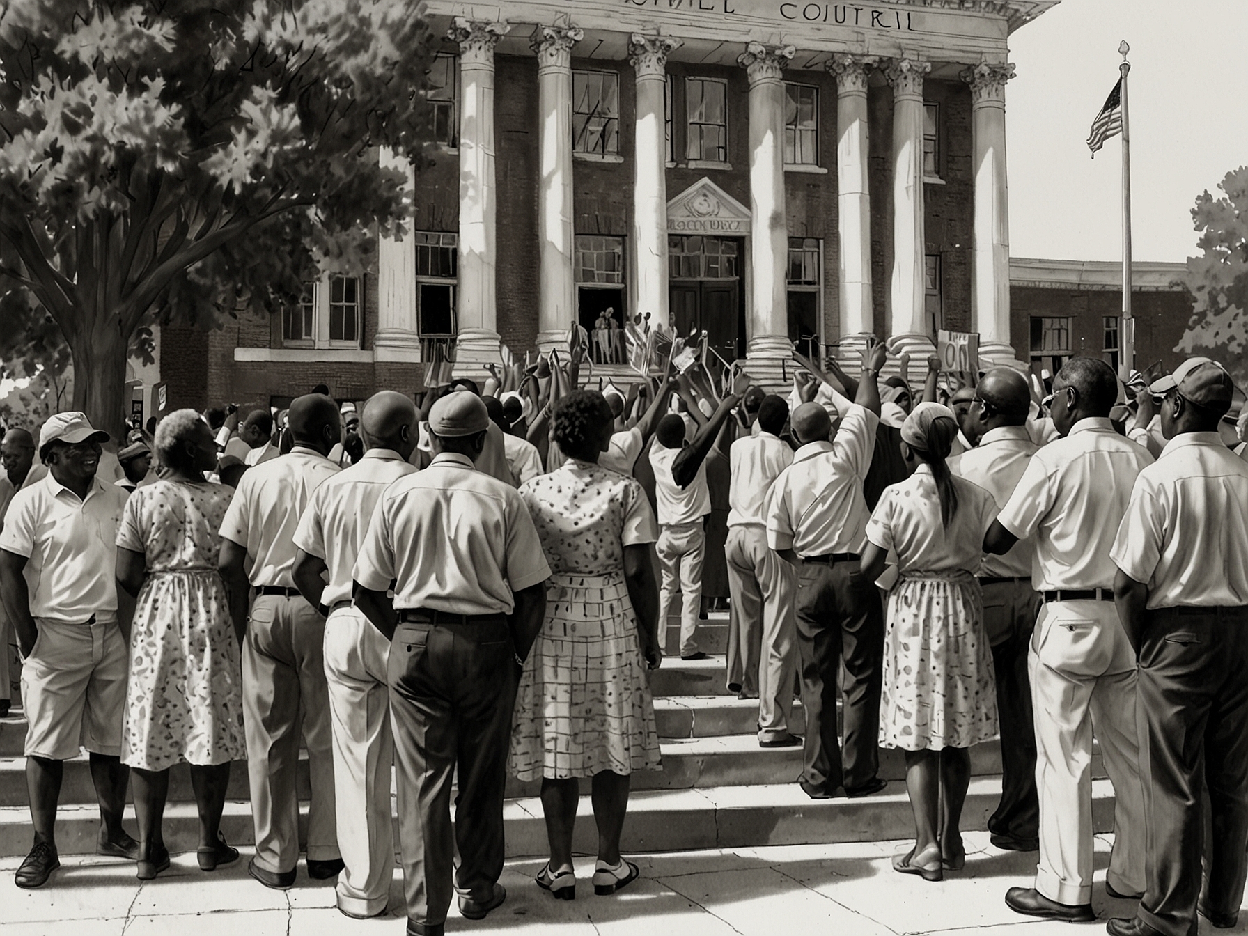 Residents of Newbern, Alabama, celebrate outside the courthouse after a ruling that restores their voting rights, marking the first time in decades they can participate in municipal elections.