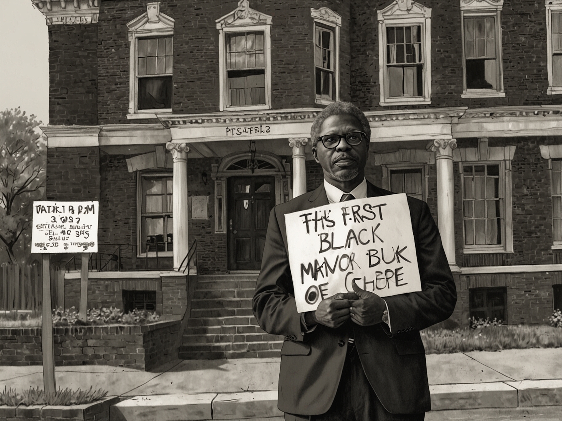 Patrick Braxton, holding a sign reading 'First Black Mayor of Newbern,' addresses the community in front of the town hall, symbolizing a restored sense of hope and leadership.