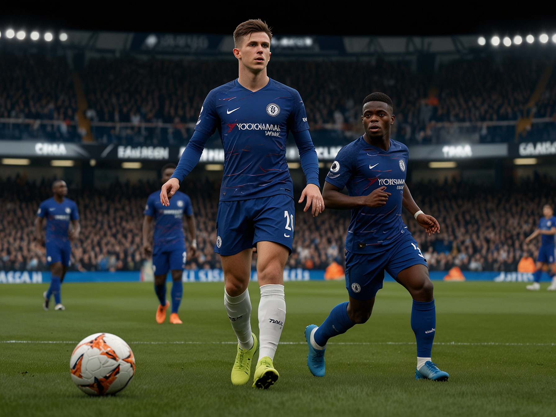 A depiction of Chelsea's strategic loan system, highlighting past successful loanees like Mason Mount and Fikayo Tomori, showcasing the importance of loan spells for young players' development.