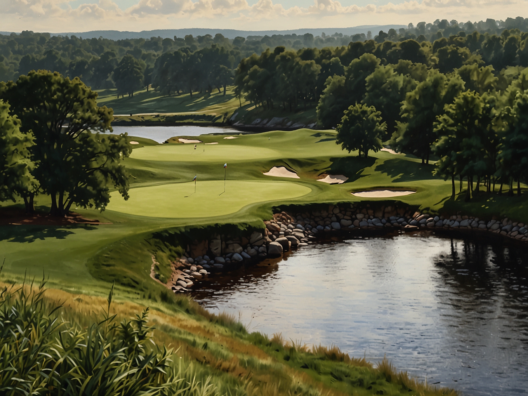 A picturesque view of the TPC River Highlands course in Cromwell, Connecticut, showcasing its challenging holes and scenic beauty, essential for the Travelers Championship 2024.