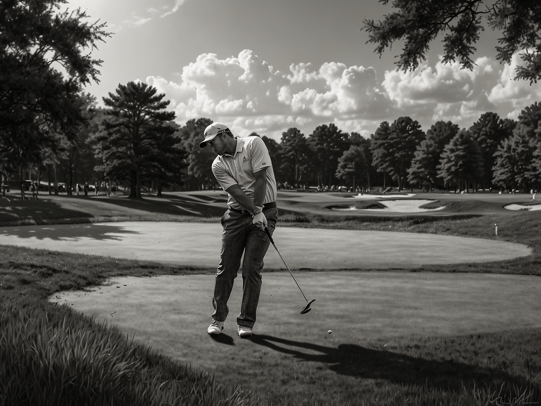 Professional golfer Harris English teeing off in the mid-morning, reflecting his strategic gameplay style during the second round of the Travelers Championship 2024.