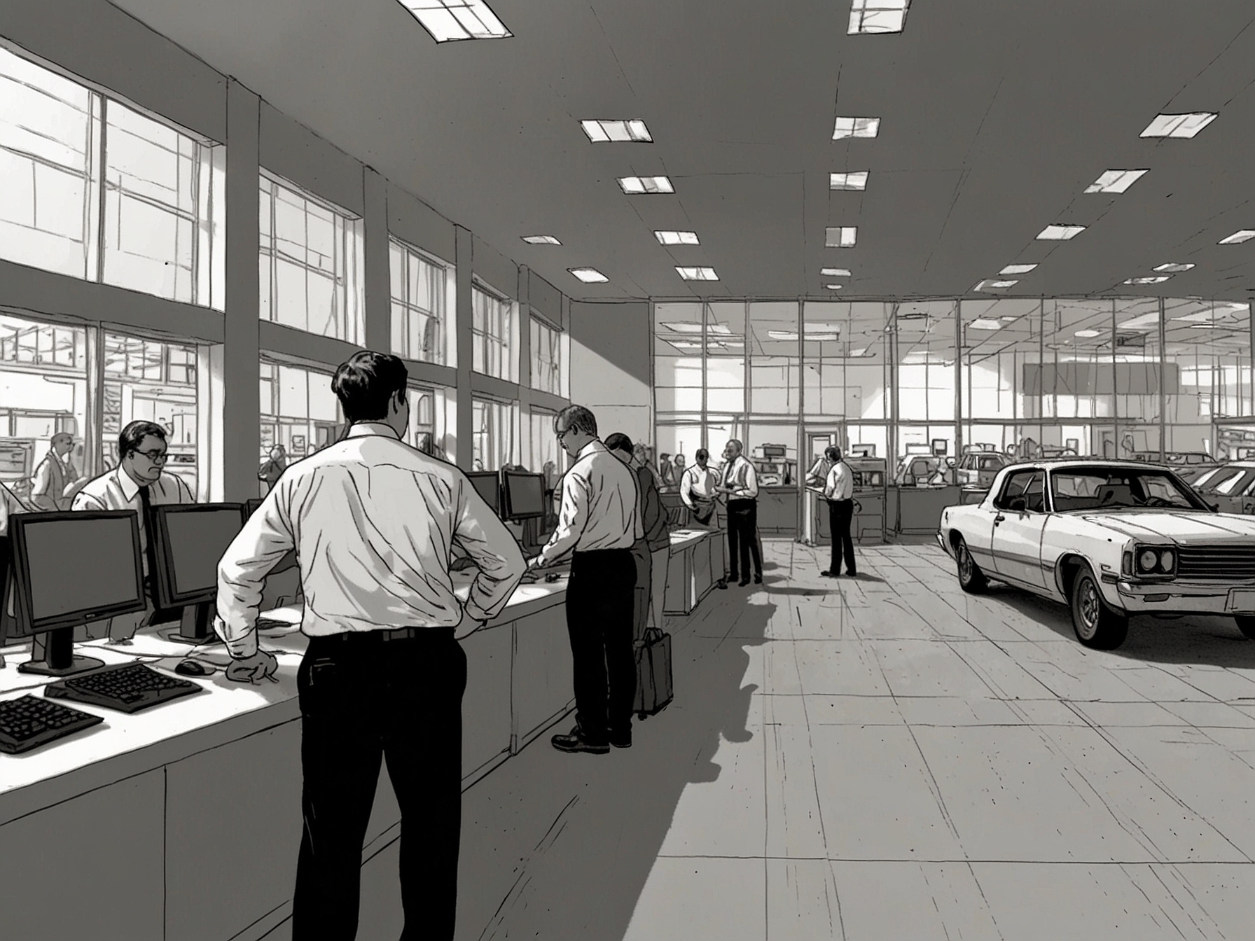 A bustling car dealership with staff members manually processing sales and paperwork, showing the impact of the computer system outage on daily operations.