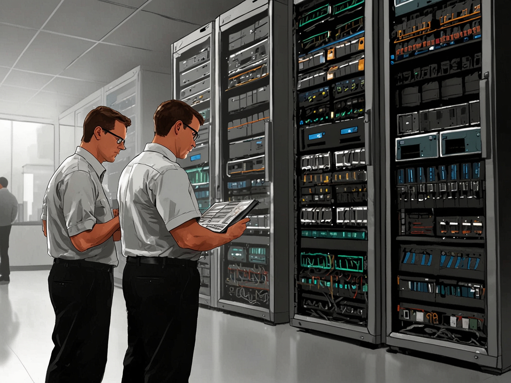 Technicians inspecting server racks and IT infrastructure, emphasizing the importance of disaster recovery plans and robust digital systems for car dealerships.