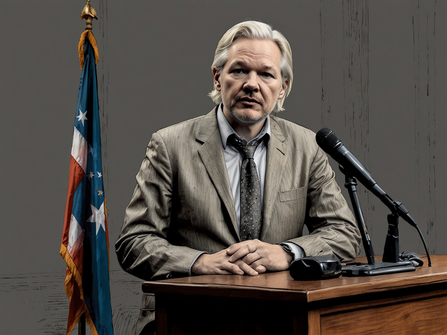 A gravely looking Julian Assange addresses the media, symbolizing his contentious role in advocating for transparency against accusations of jeopardizing national security.