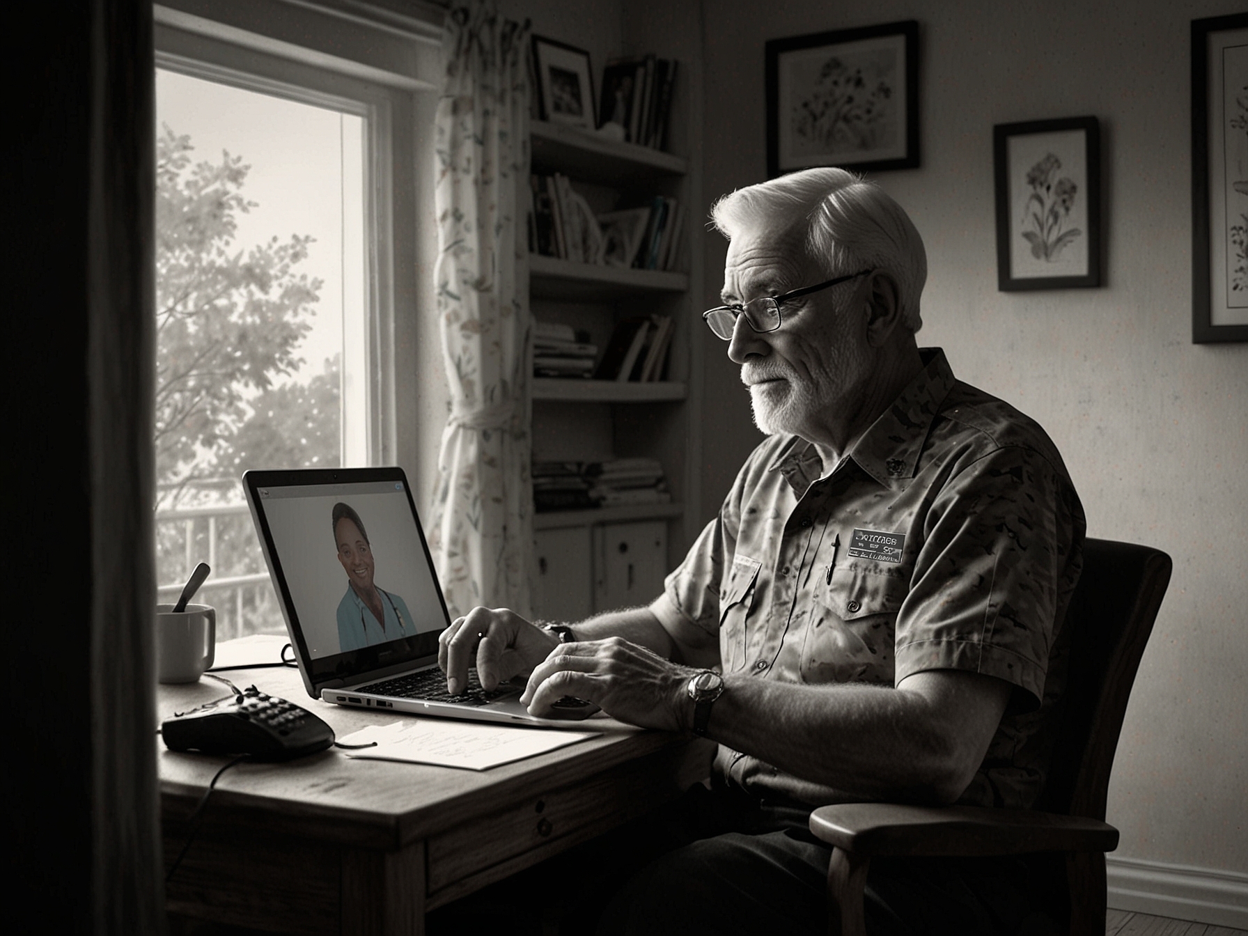 An illustration of a veteran accessing a telehealth consultation from home, showcasing the convenience and accessibility of healthcare services regardless of geographical location.