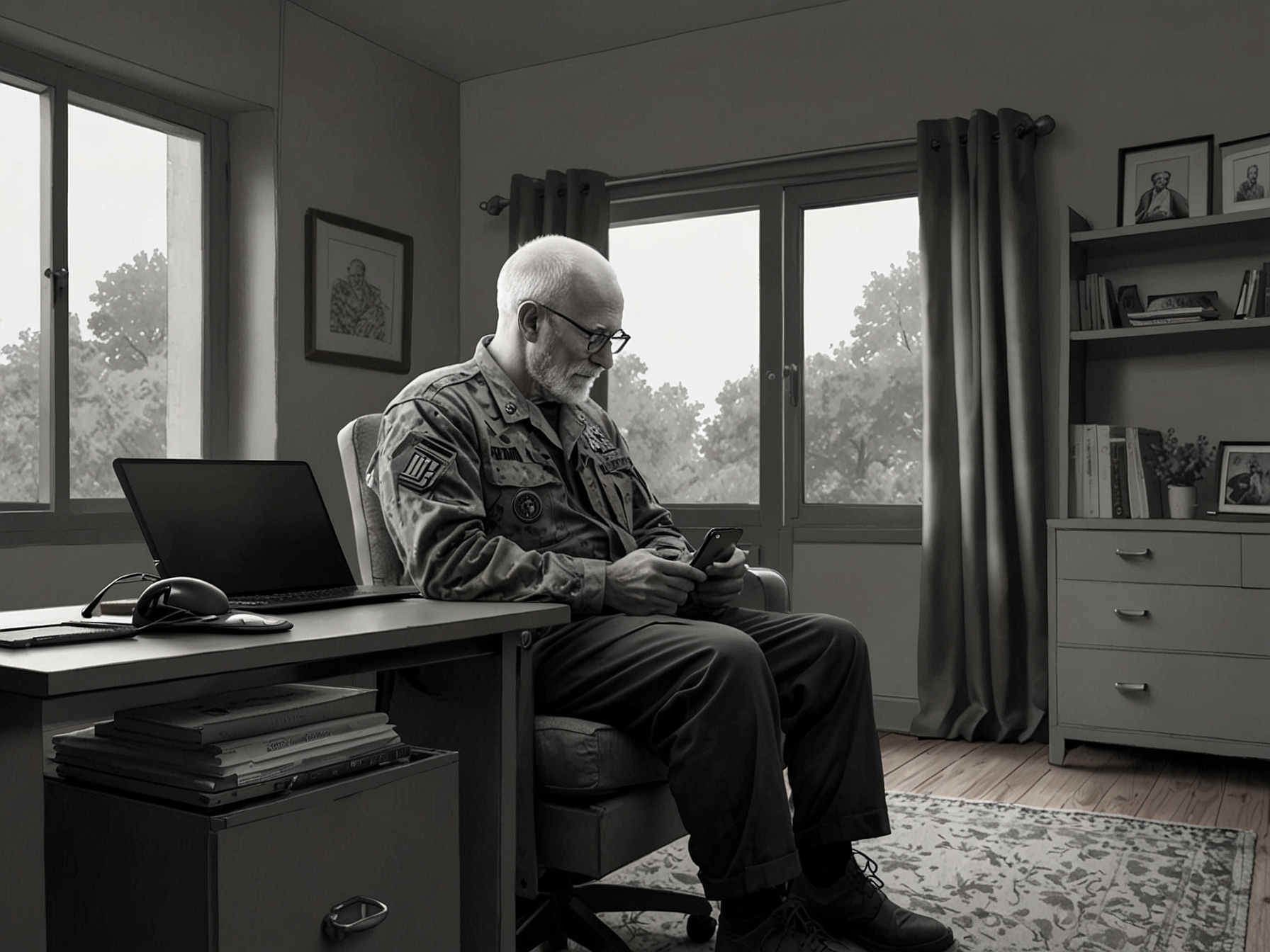 A depiction of a veteran using telehealth services for a mental health consultation, highlighting the confidentiality and reduced stigma associated with virtual therapy sessions.