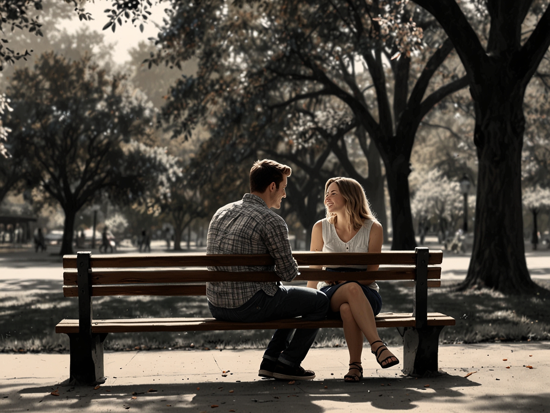 A couple engaged in deep conversation on a scenic park bench, illustrating the concept of simmer dating, where meaningful connections are prioritized over quick meetups.